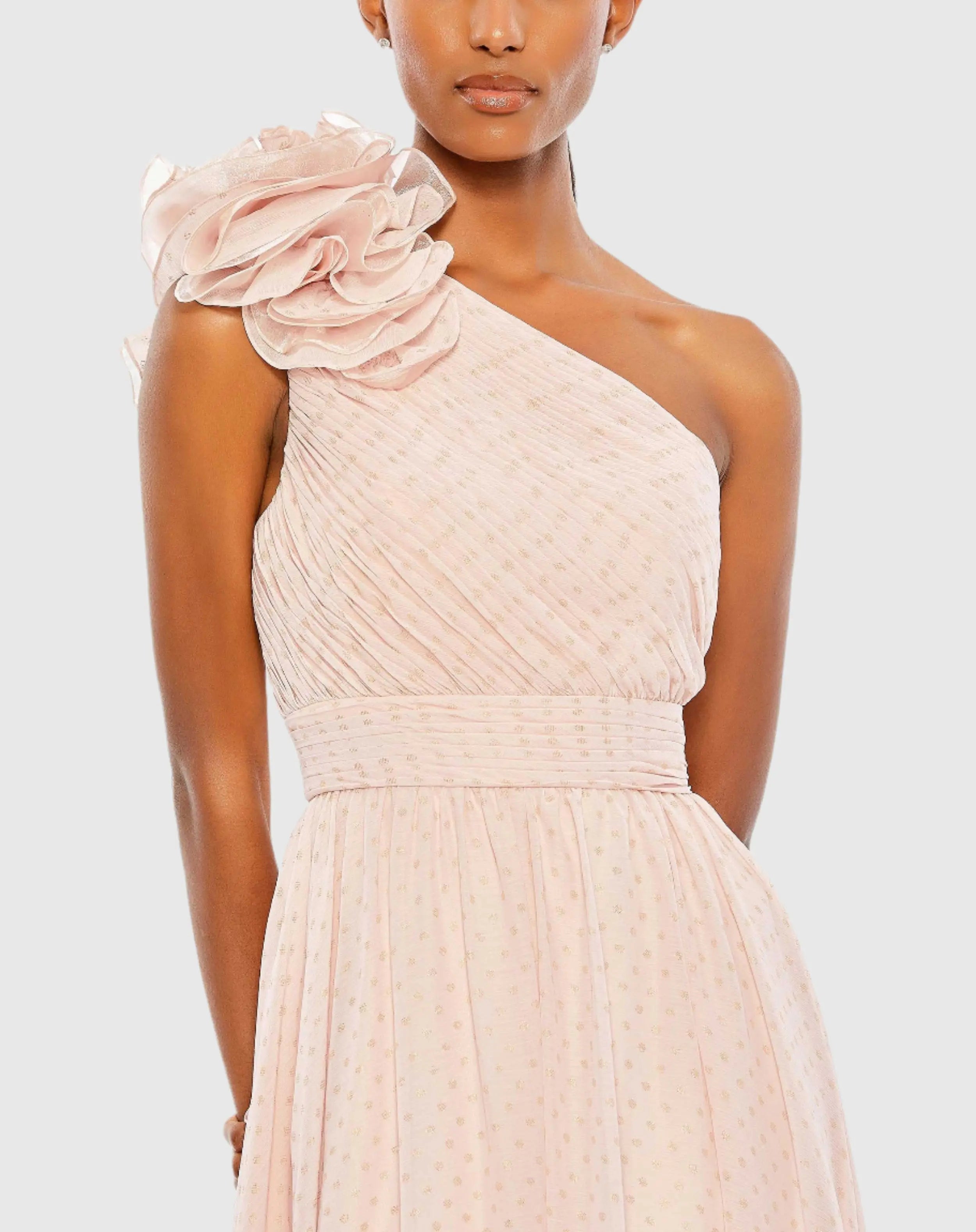Pink Polka Dot Ruffled One Shoulder Gown - Mac Duggal