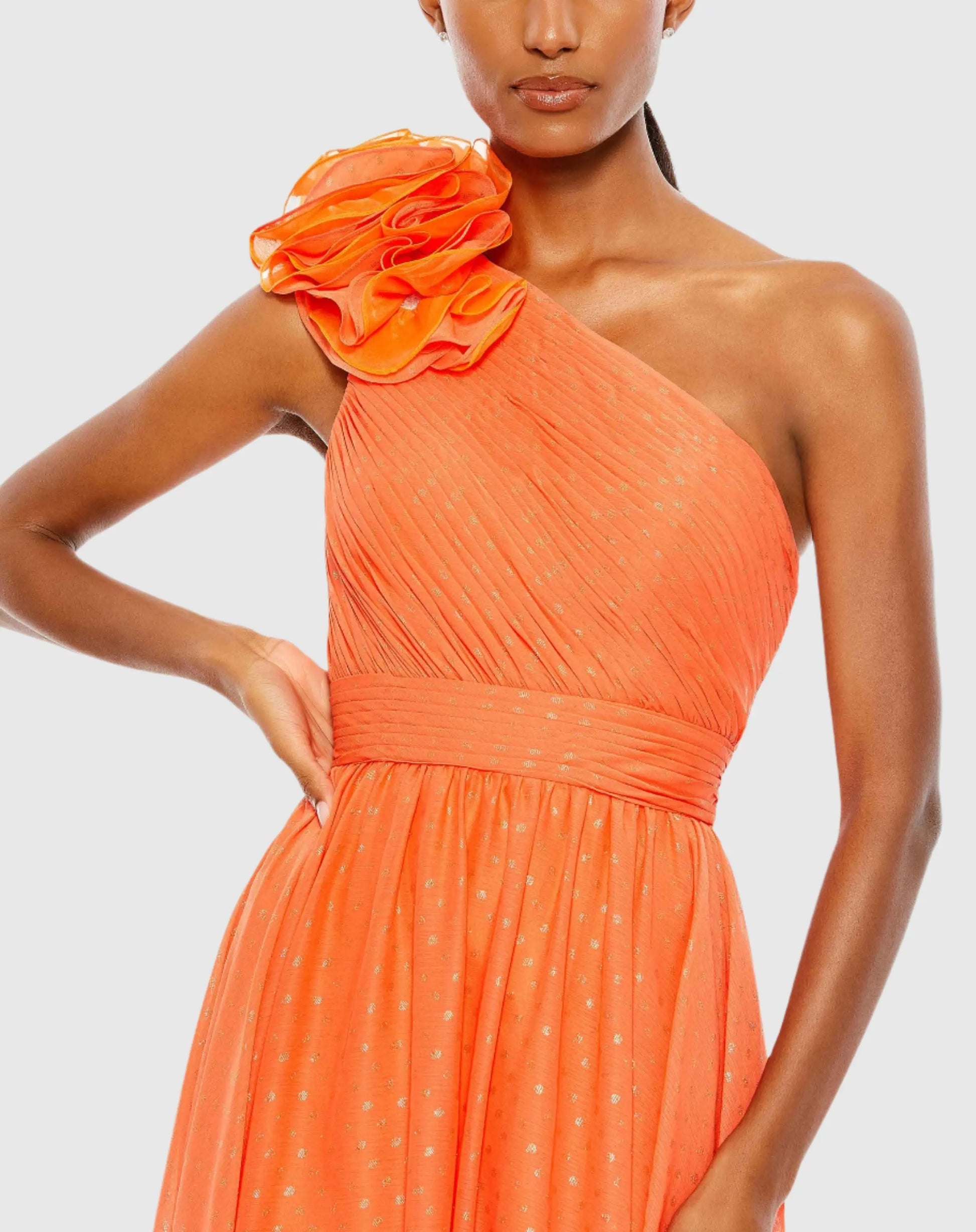Orange Polka Dot Ruffled One Shoulder Gown - Mac Duggal