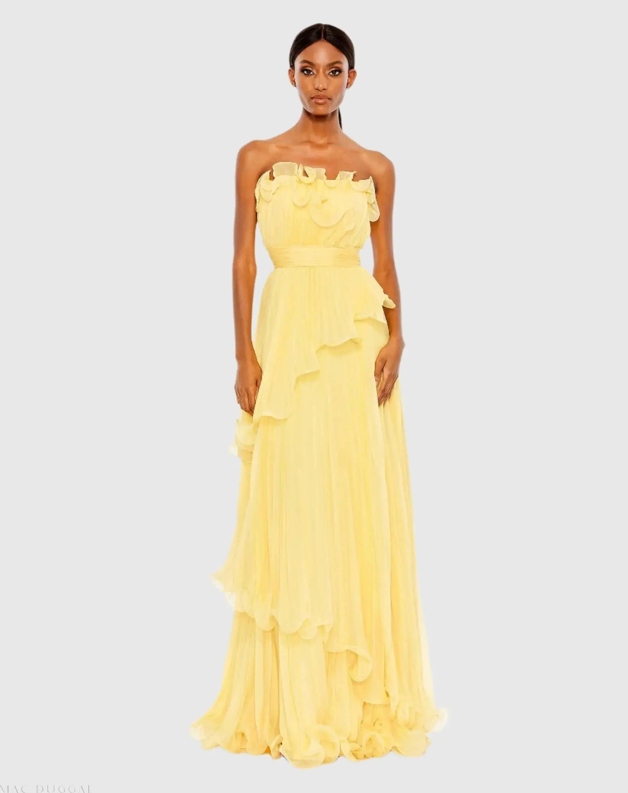 Yellow Pleated Tiered Ruffled Strapless Gown - Mac Duggal 