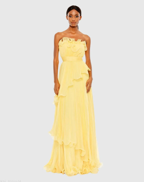 mac duggal strapless tiered ruffled a-line midi dress Pleated Gown Light Denim:Dark Denim tulle evening dresses Green Dress with Brown strapless neckline