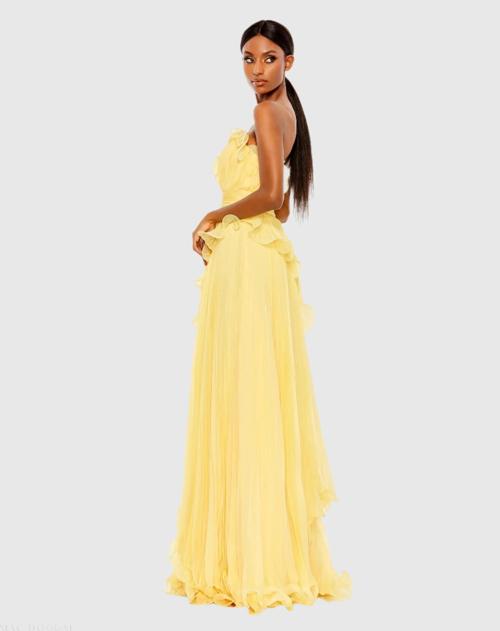 Yellow Pleated Tiered Ruffled Strapless Gown - Mac Duggal 