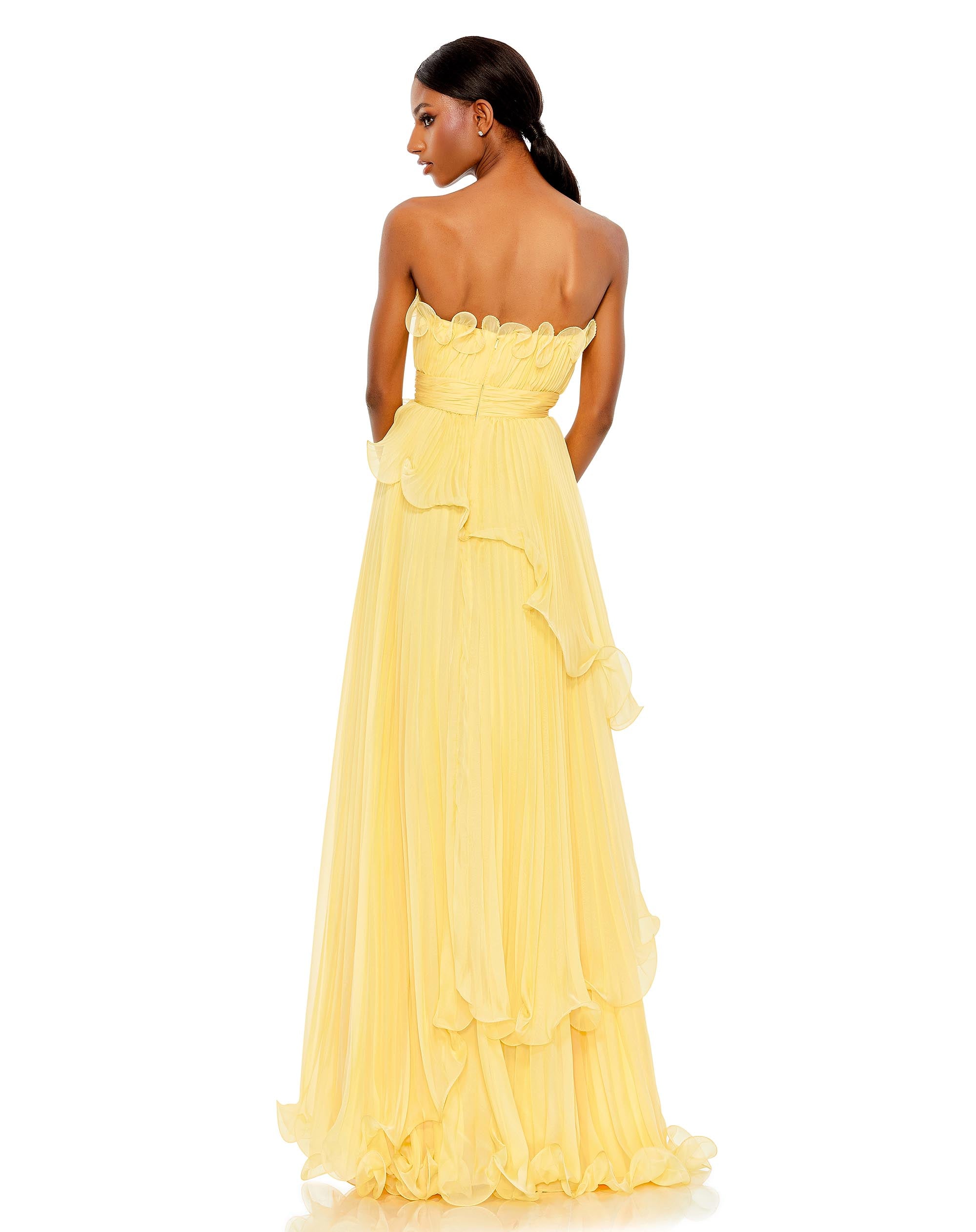 Pleated Tiered Ruffled Strapless Gown