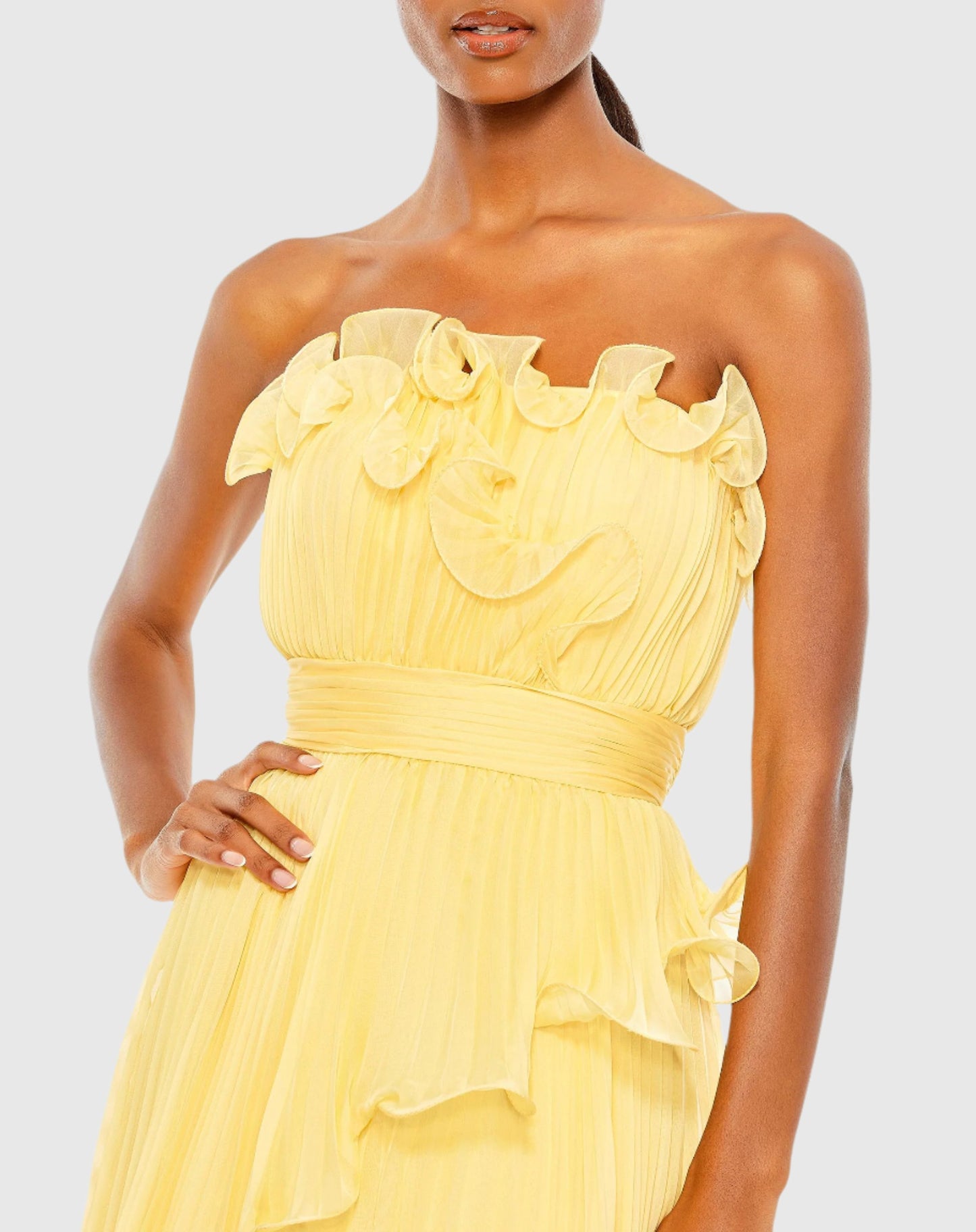 Pleated Tiered Ruffled Strapless Gown