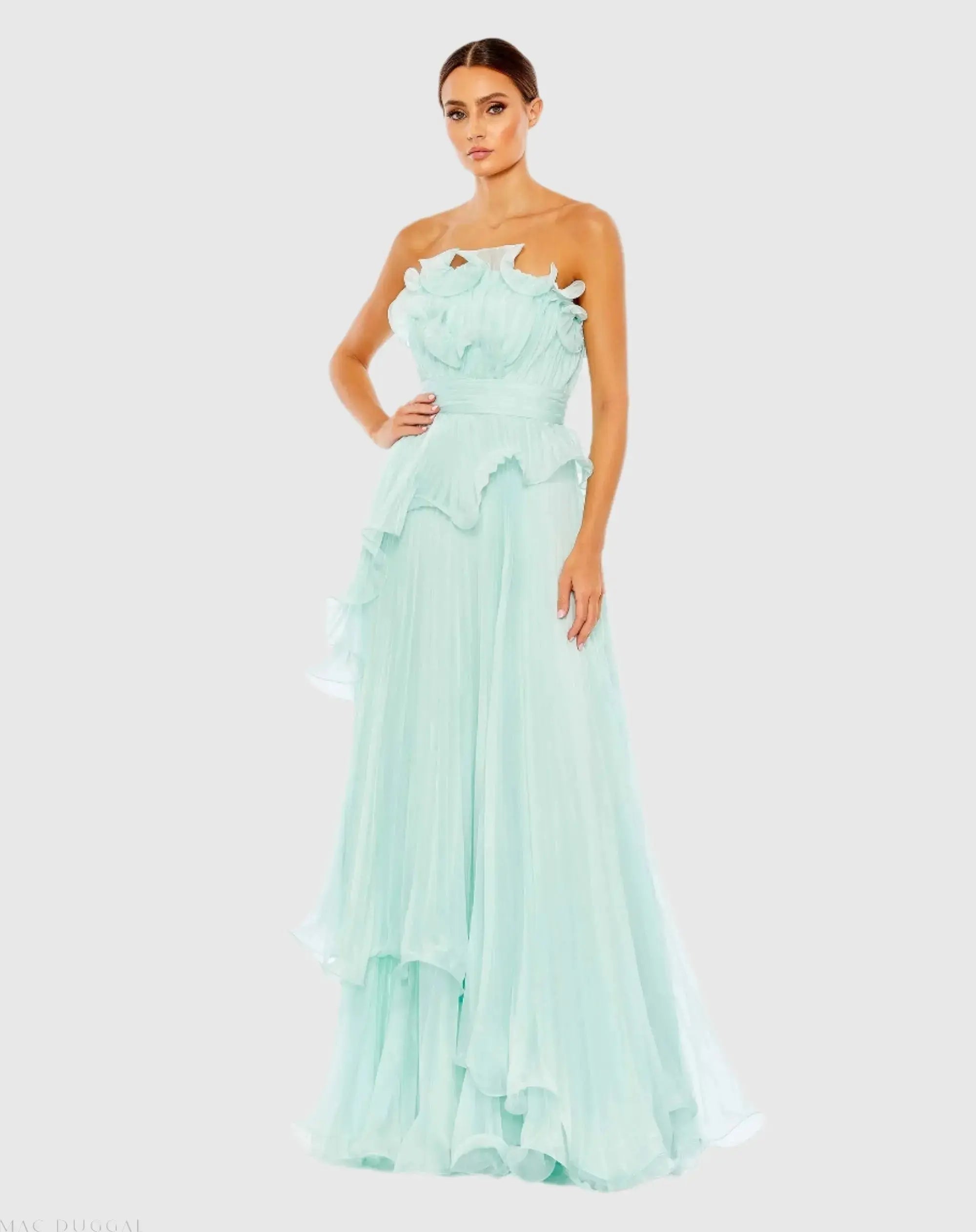 mac duggal pleated charmeuse strapless tiered maxi dress Pink Pleated Charmeuse Strapless Tiered Ruffle Gown