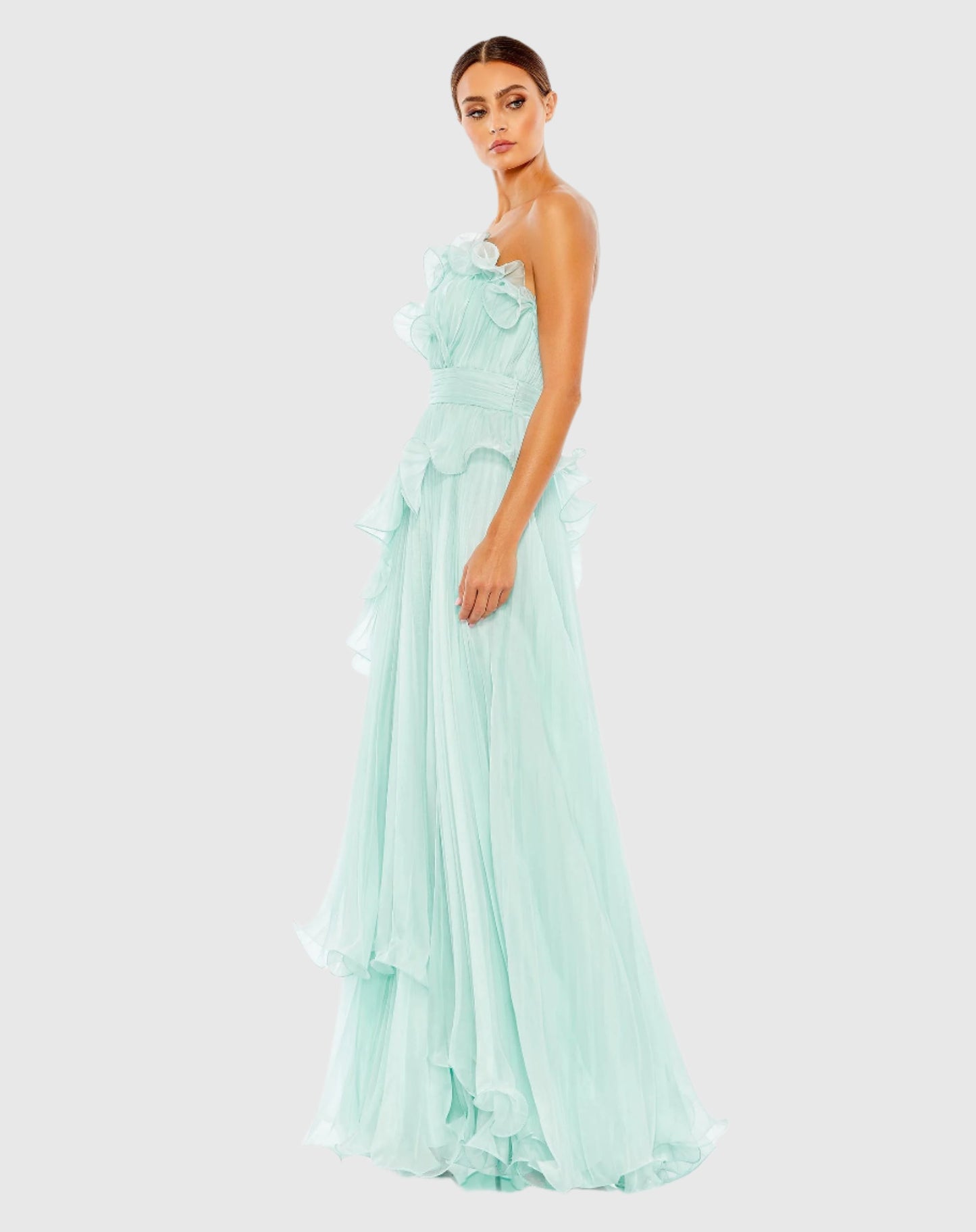 Pleated Tiered Ruffled Strapless Gown