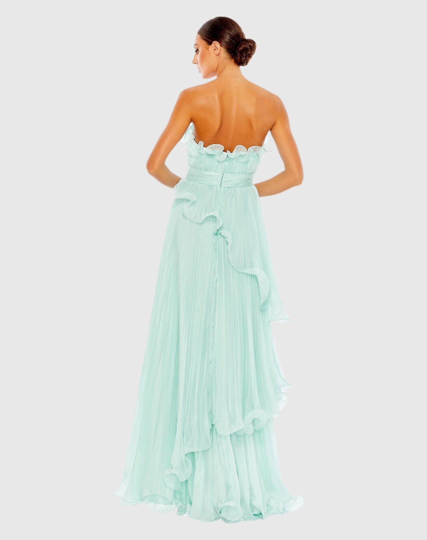 Pleated Tiered Ruffled Strapless Gown