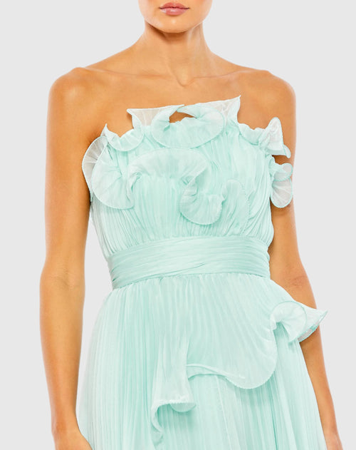 Pleated Tiered Ruffled Strapless Gown