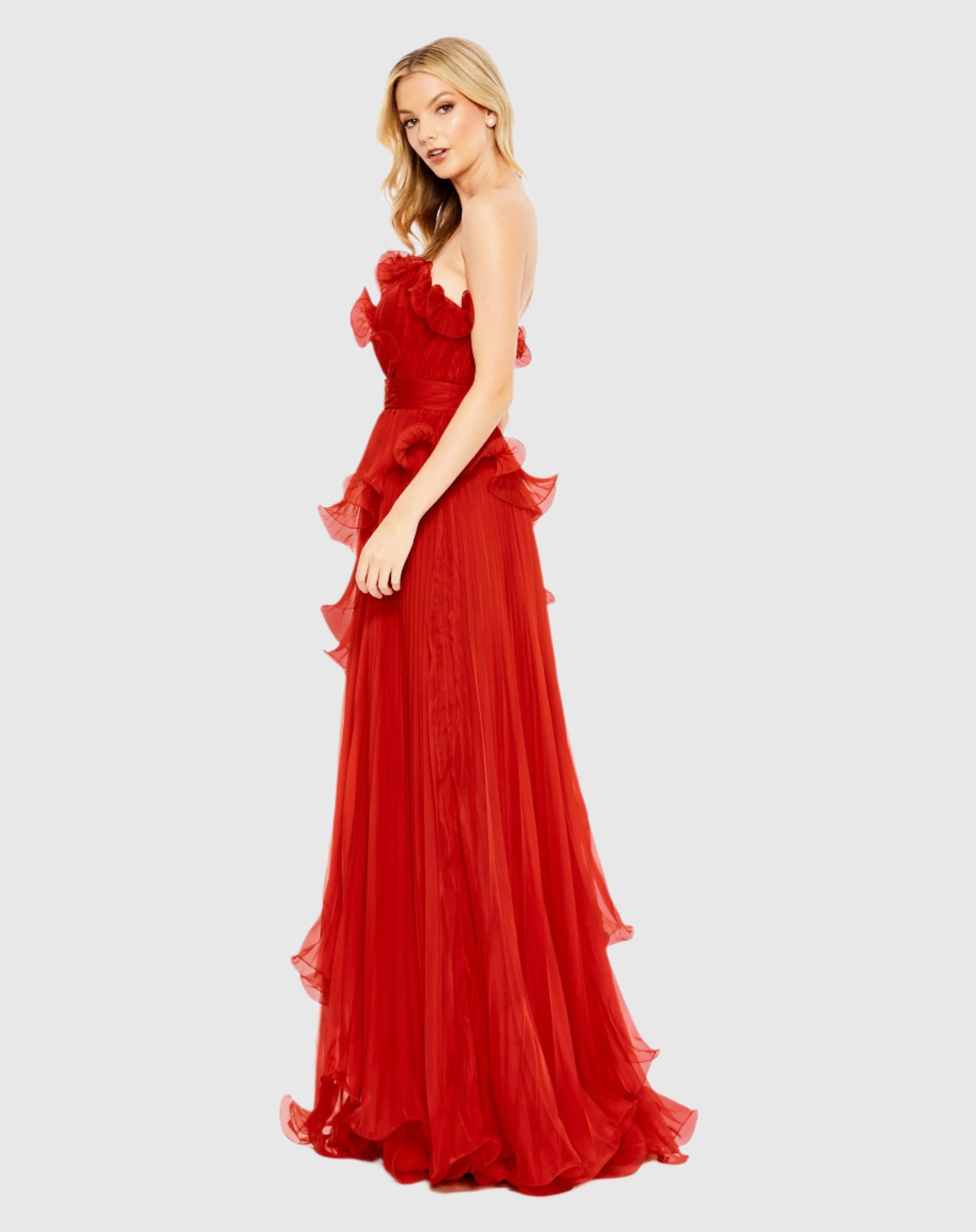 Pleated Tiered Ruffled Strapless Gown