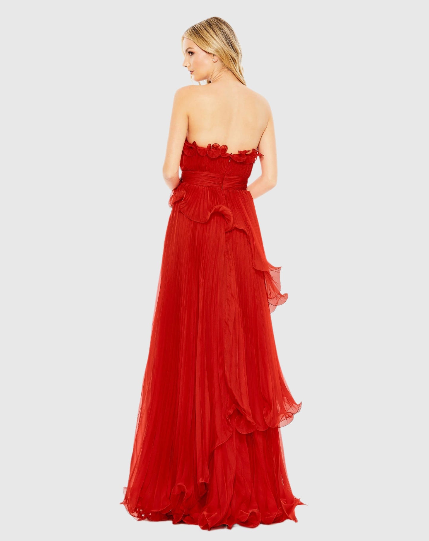 Pleated Tiered Ruffled Strapless Gown