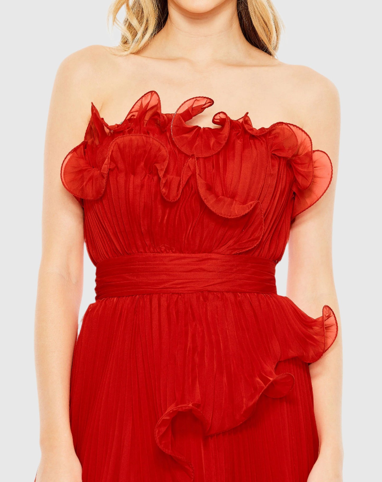 Pleated Tiered Ruffled Strapless Gown