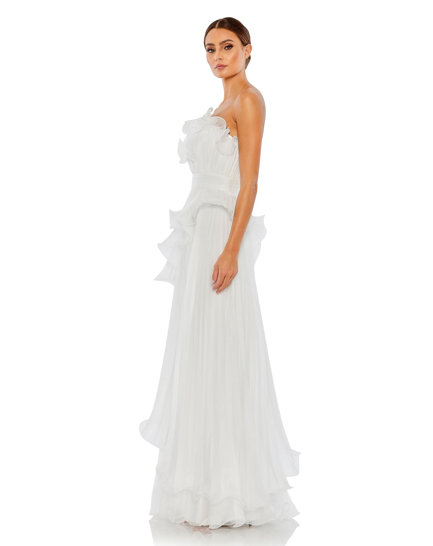 Pleated Tiered Ruffled Strapless Gown