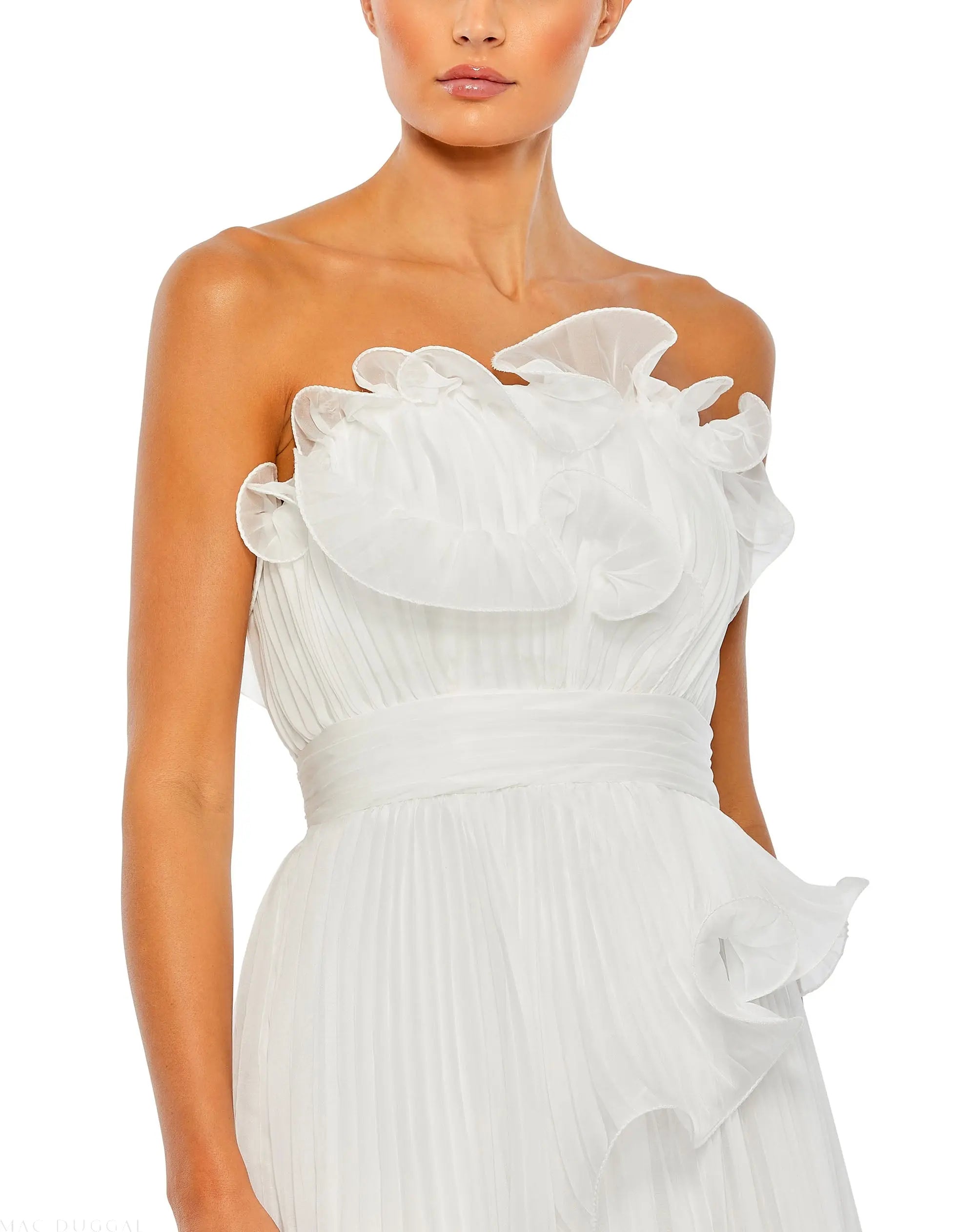 mac duggal pleated charmeuse strapless tiered maxi dress Mac Duggal Women's Petite Pleated Charmeuse Strapless Tiered Ruffle Gown