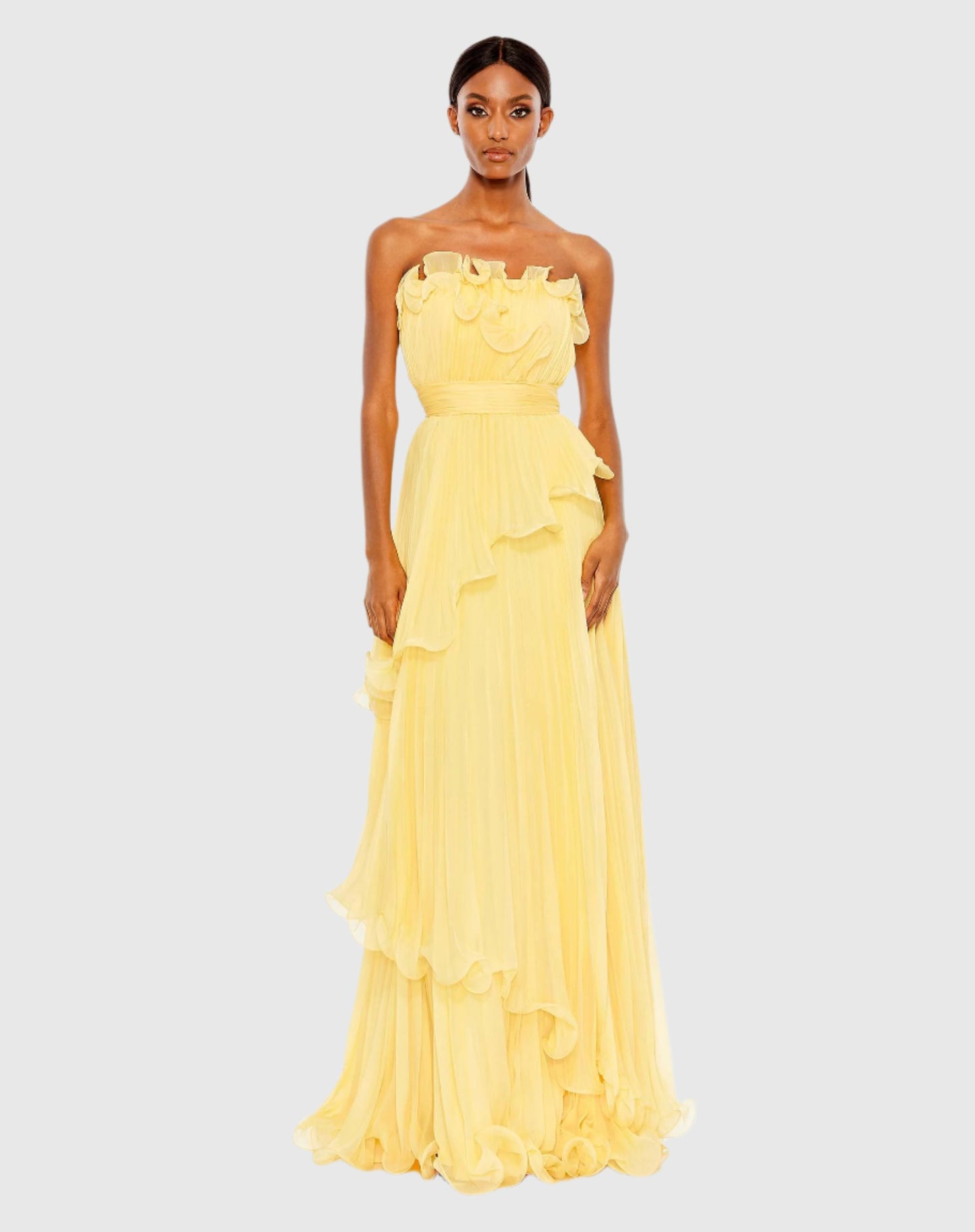 Pleated Tiered Ruffled Strapless Gown