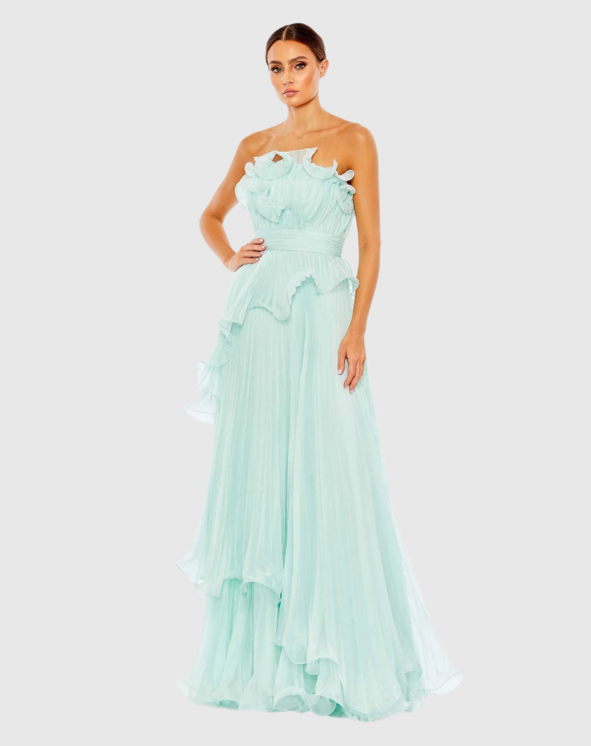 Pleated Tiered Ruffled Strapless Gown