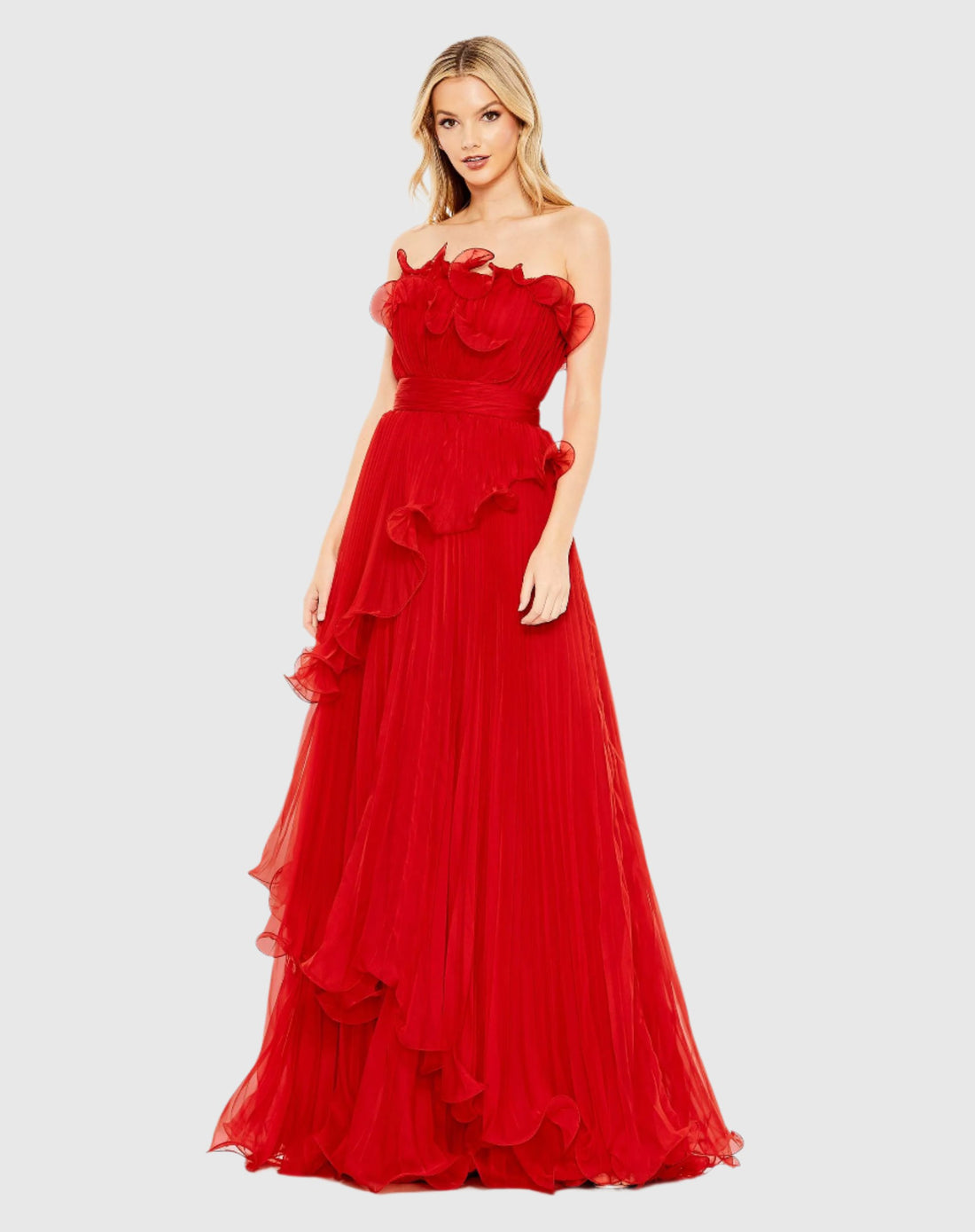 Pleated Tiered Ruffled Strapless Gown