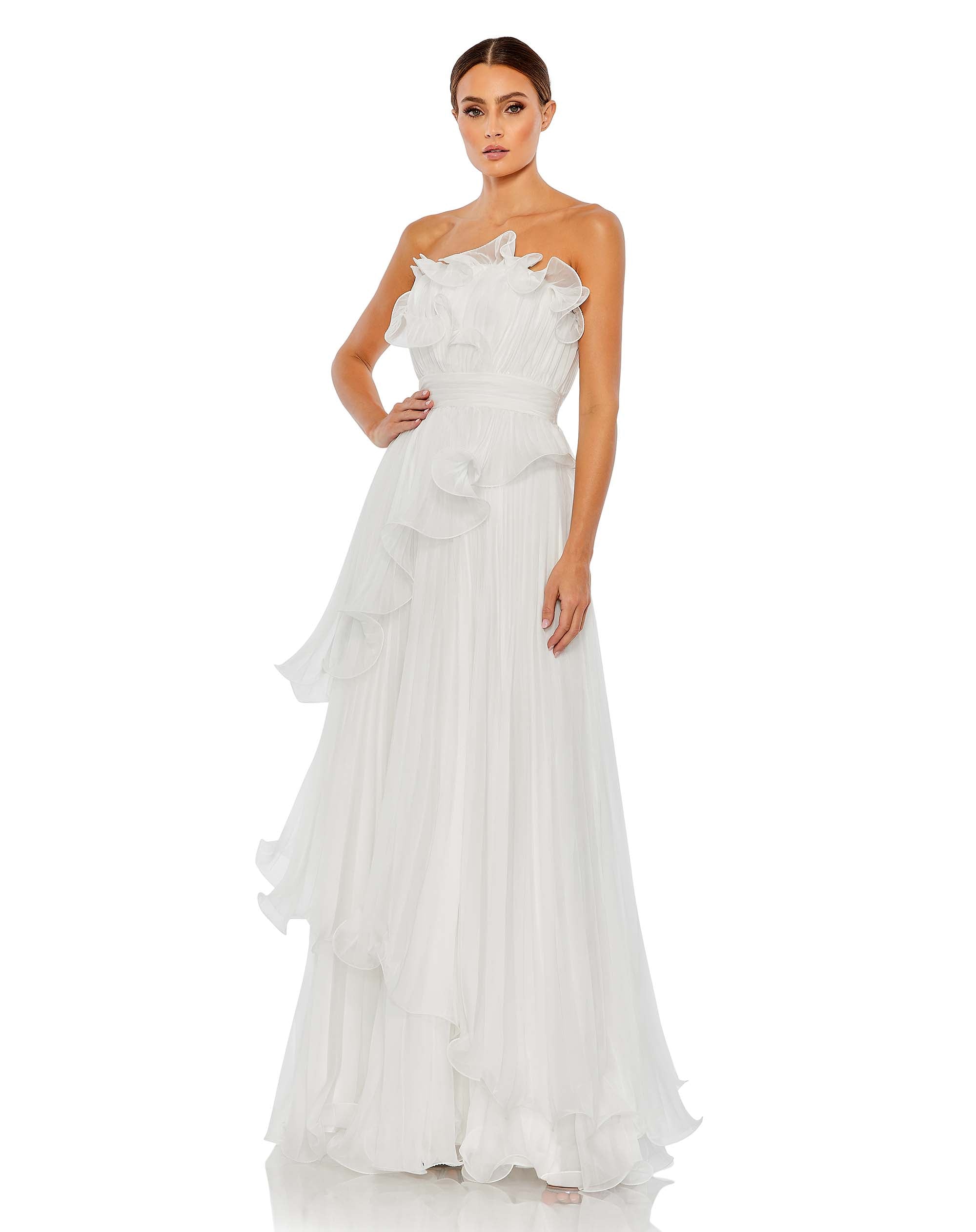 Pleated Tiered Ruffled Strapless Gown