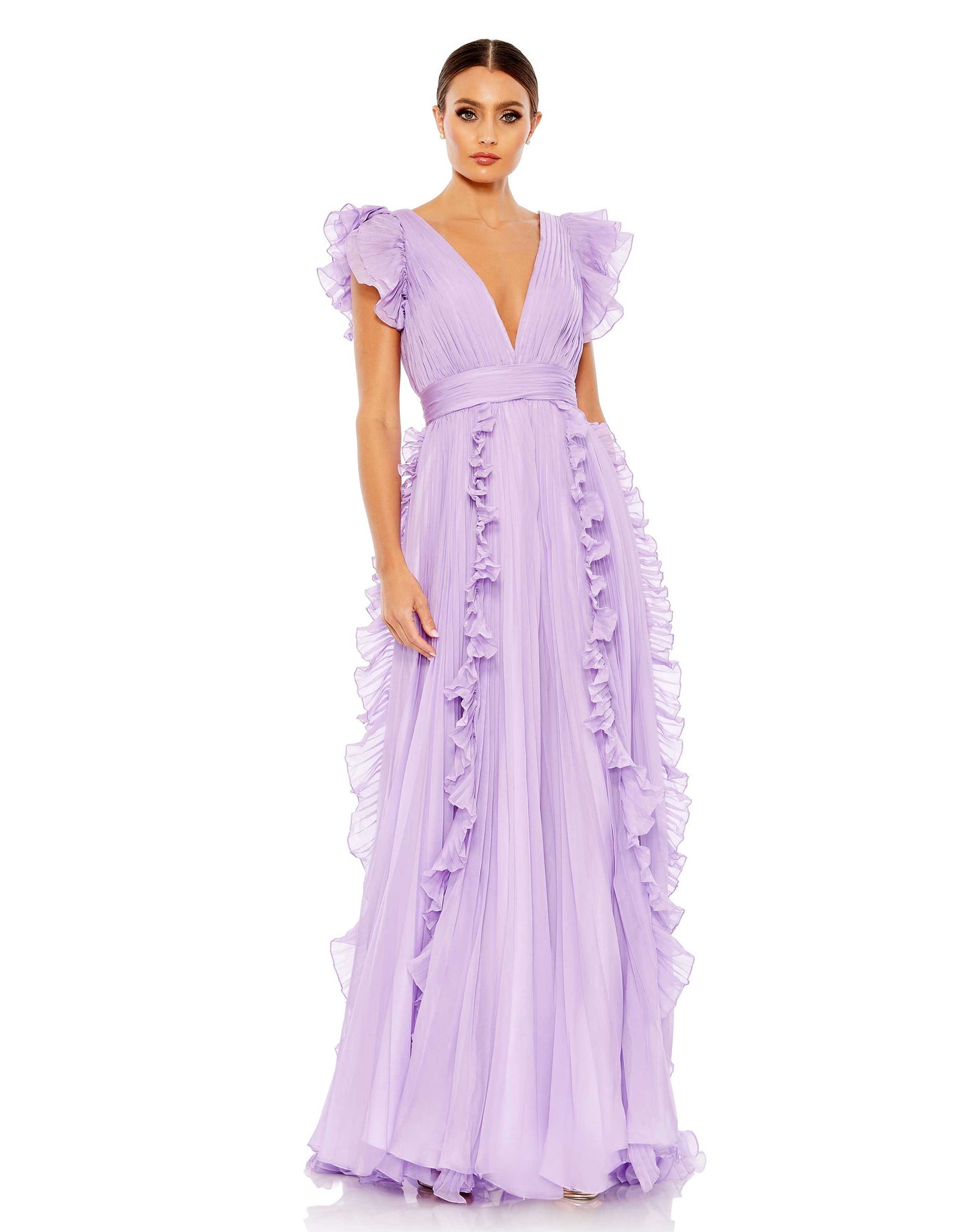 Pleated Ruffle Cap Sleeve Flowy A Line Gown