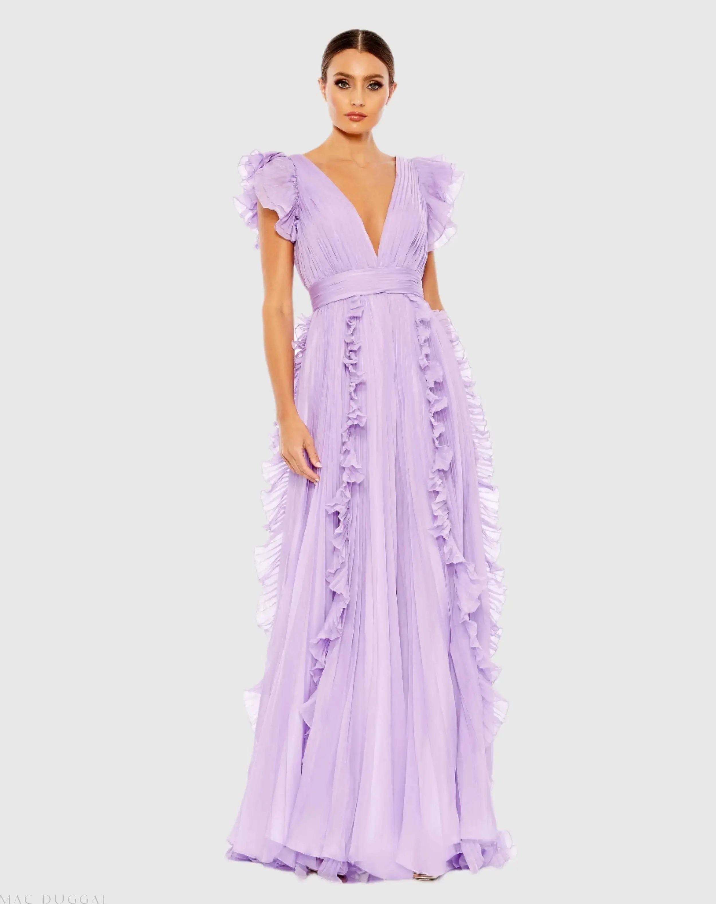 Purple Pleated Ruffle Cap Sleeve Flowy A Line Gown - Ieena for Mac Duggal