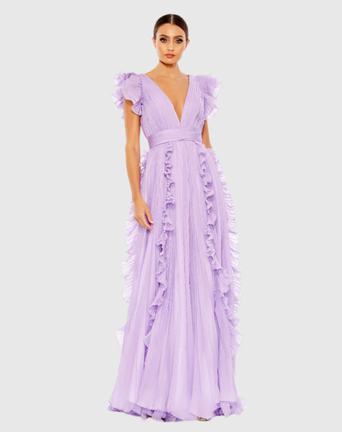 Pleated Ruffle Cap Sleeve Flowy A Line Gown