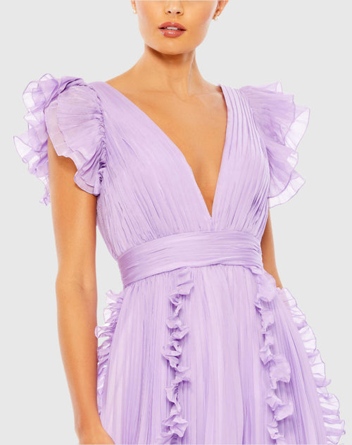 Purple Pleated Ruffle Cap Sleeve Flowy A Line Gown