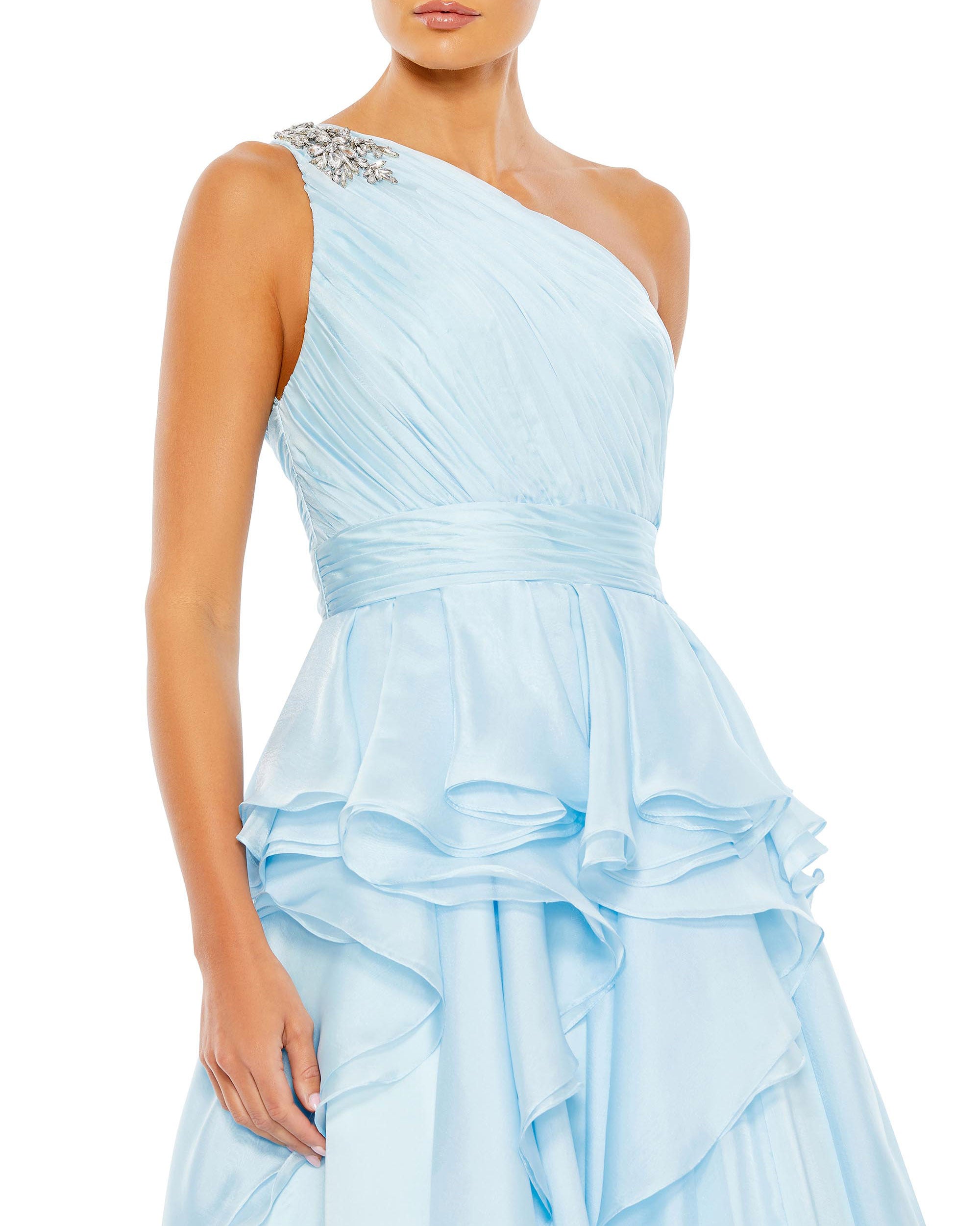 Jewel Broach One Shoulder Cascade Layered Gown