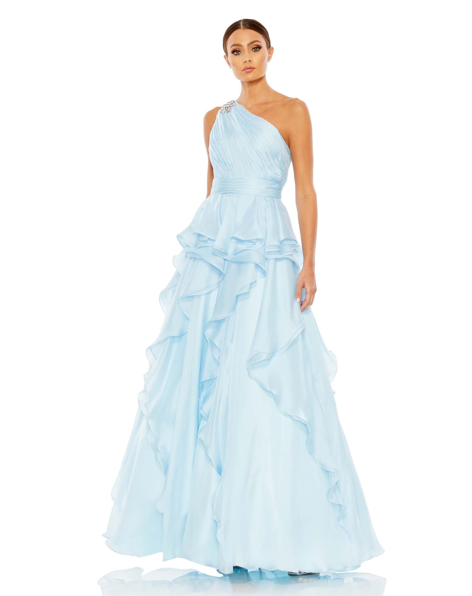 Jewel Broach One Shoulder Cascade Layered Gown