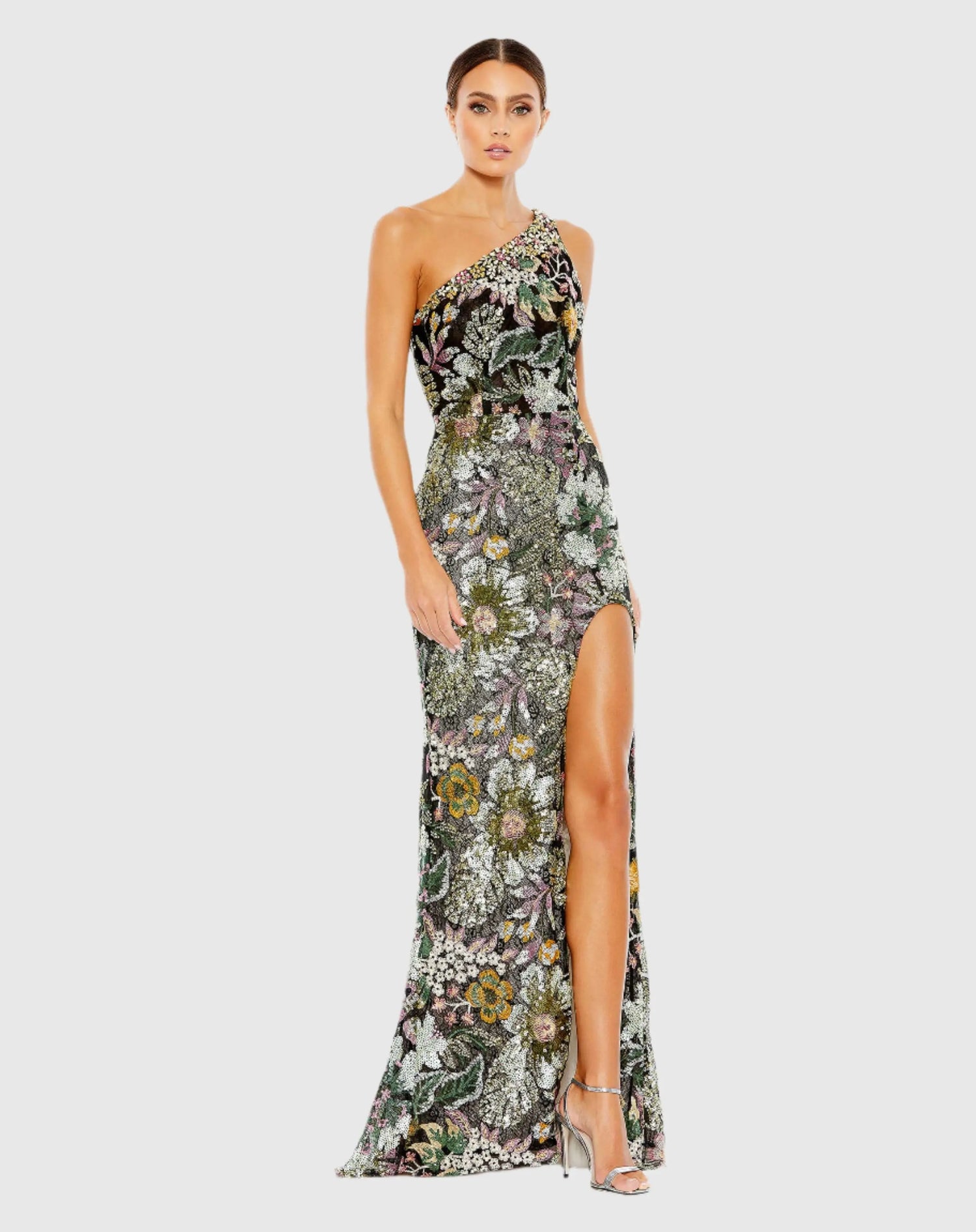 Black Floral Sequined Embroidered One Shoulder Trumpet Gown - Mac Duggal 