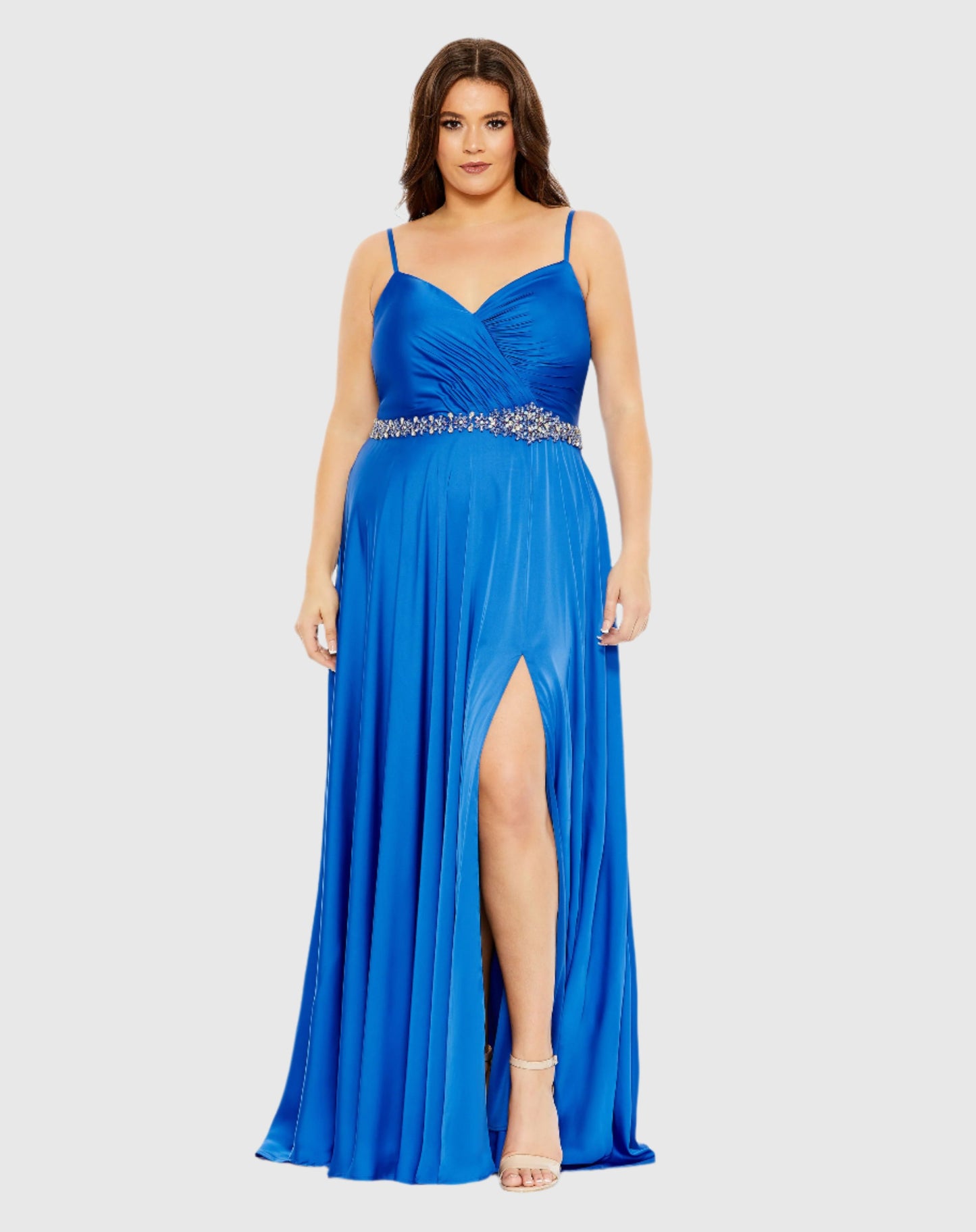 Beaded Belt Faux Wrap A Line Gown