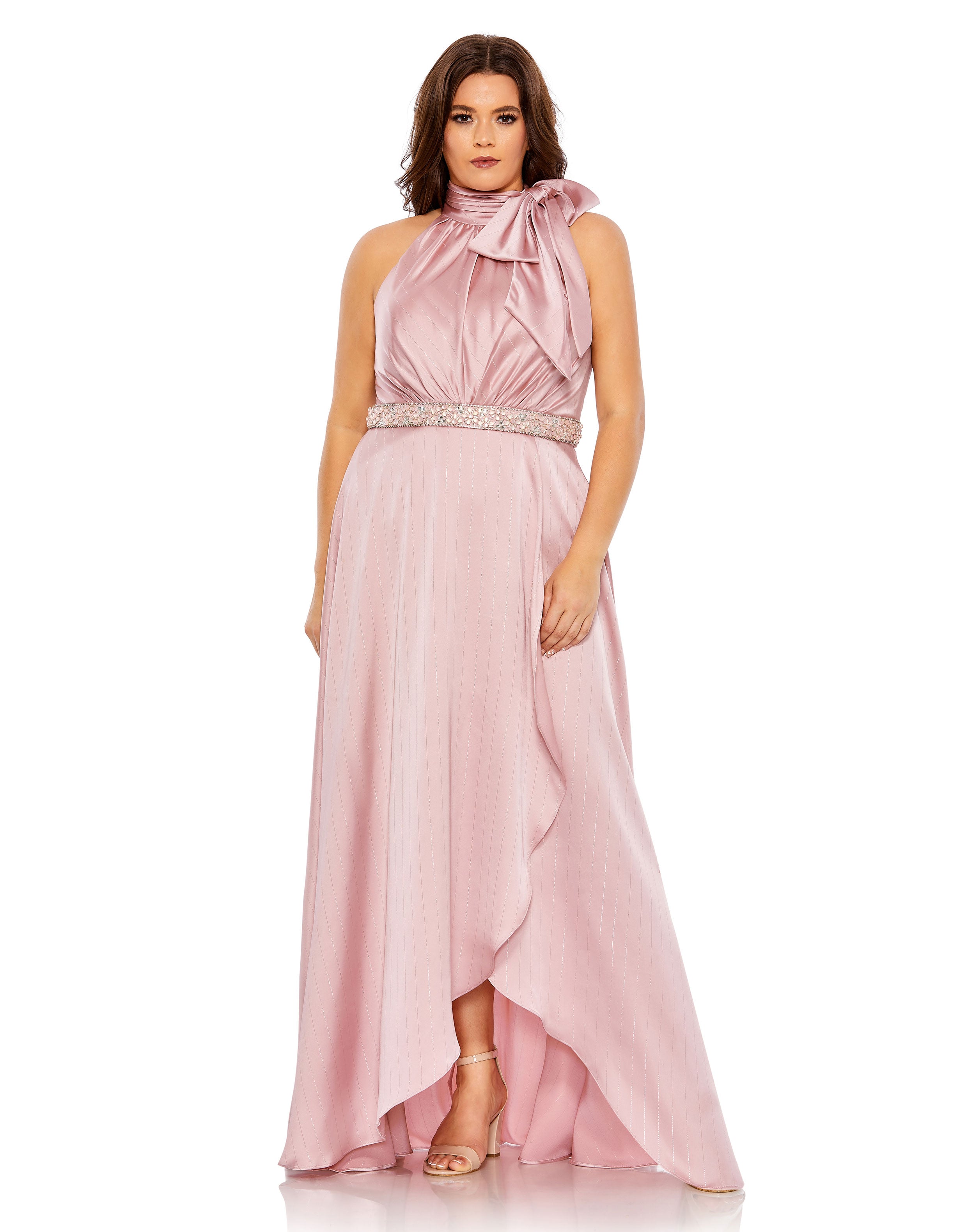 High Neck Soft Tie Beaded Belt Gown (Plus)