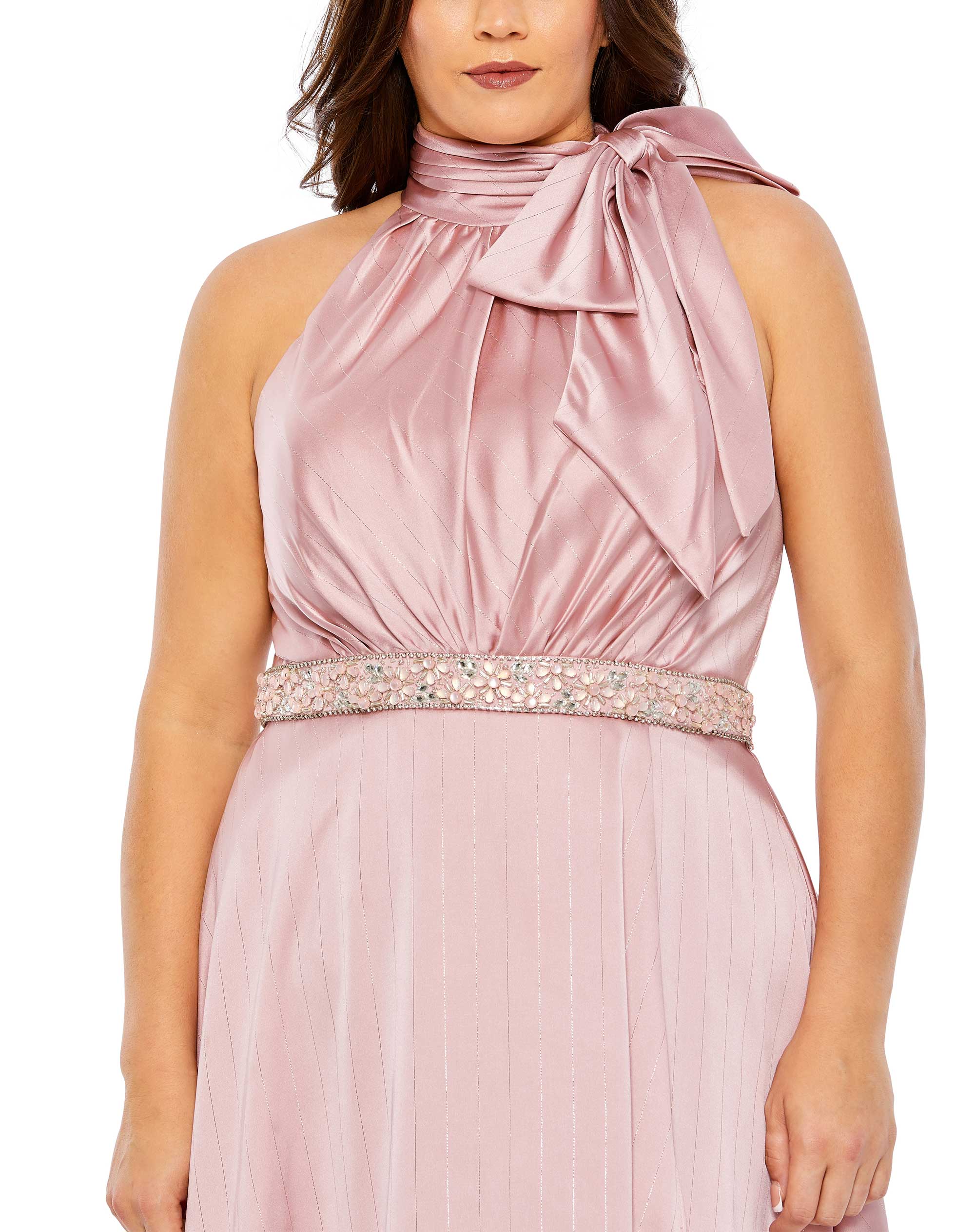 High Neck Soft Tie Beaded Belt Gown (Plus)