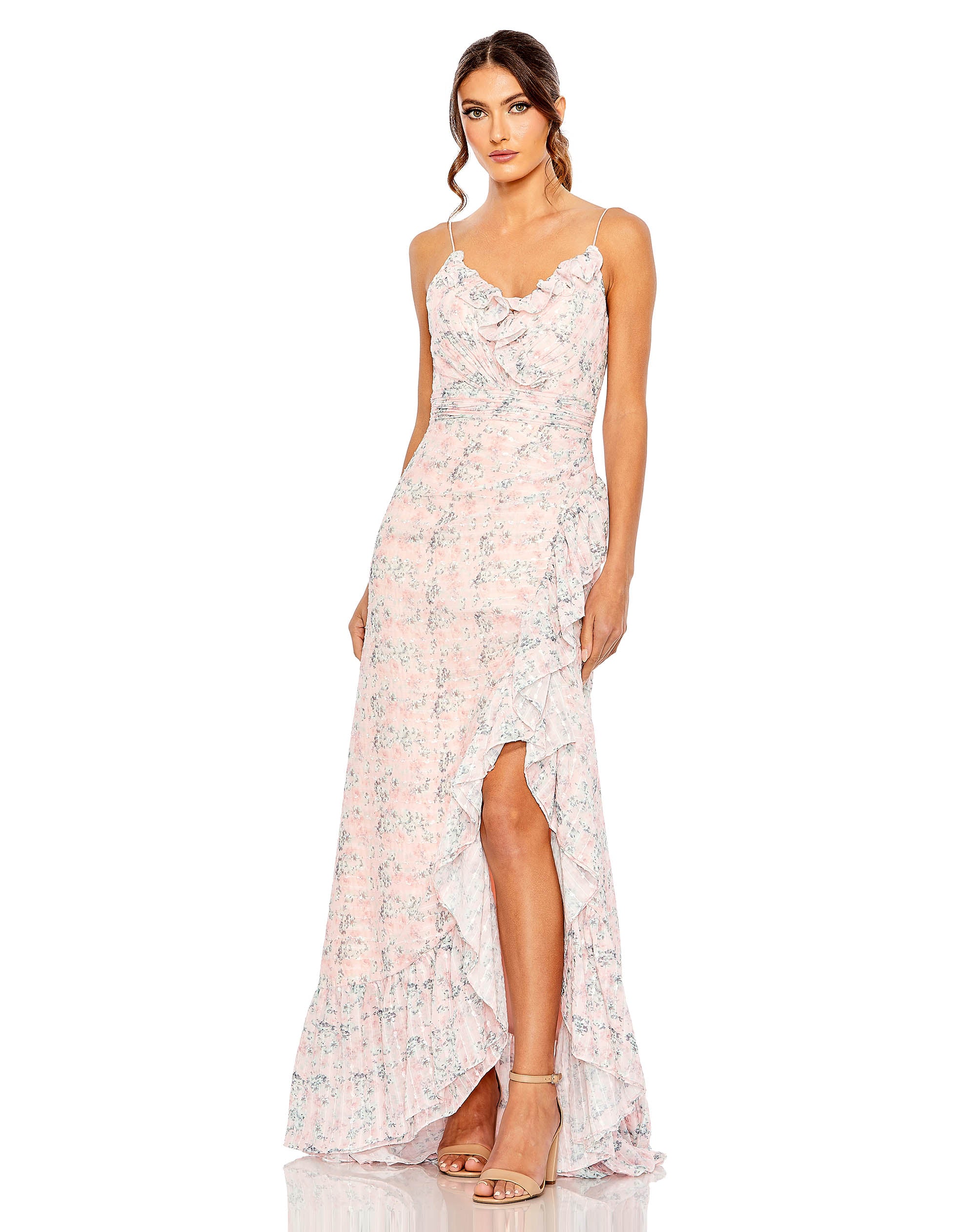 Ruffle Neckline Asymmetrical Floral Gown | Sample | Sz. 2