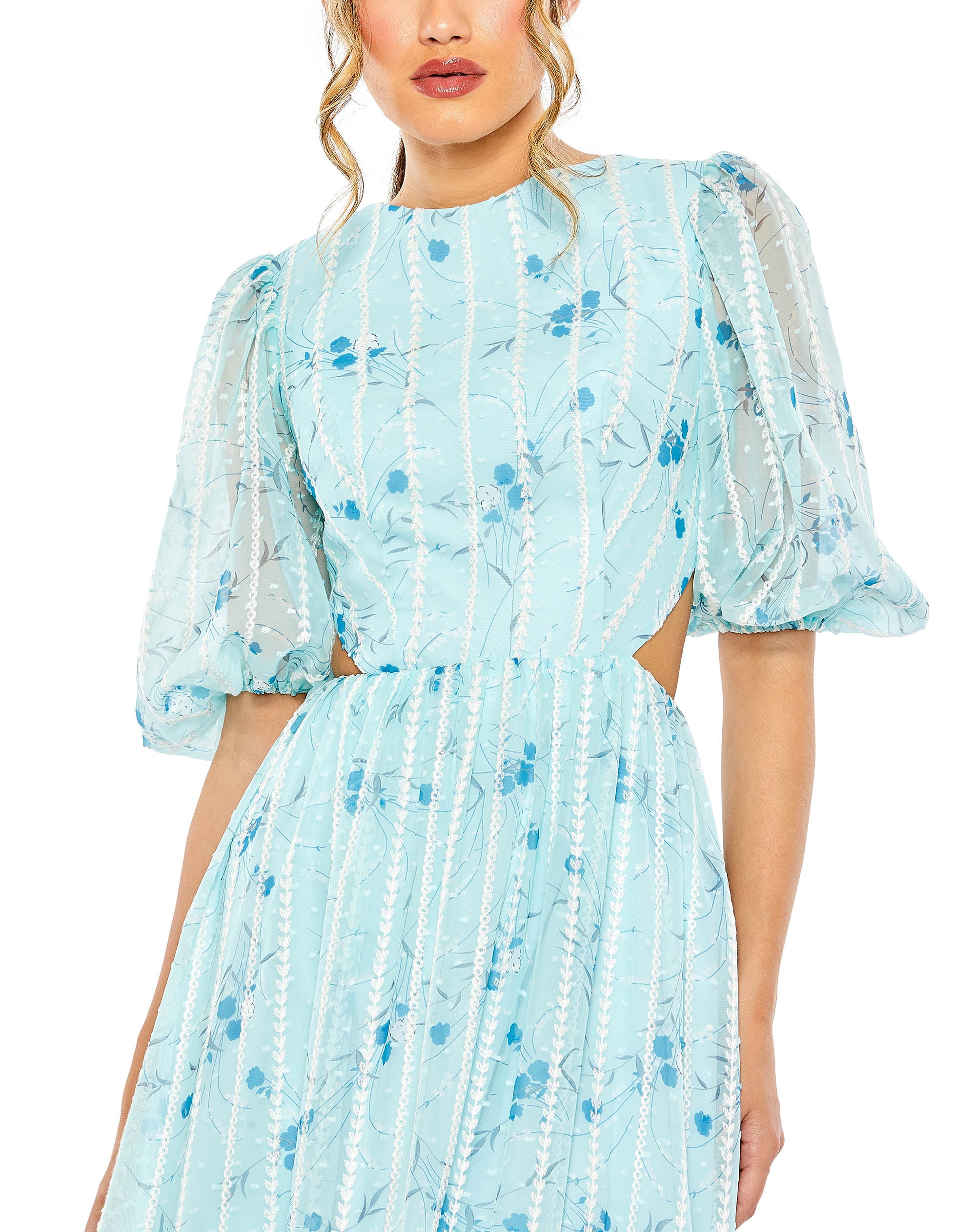 Lace Up Puff Sleeve Floral Dress