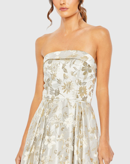 Brocade Strapless Golden Floral High Low Gown