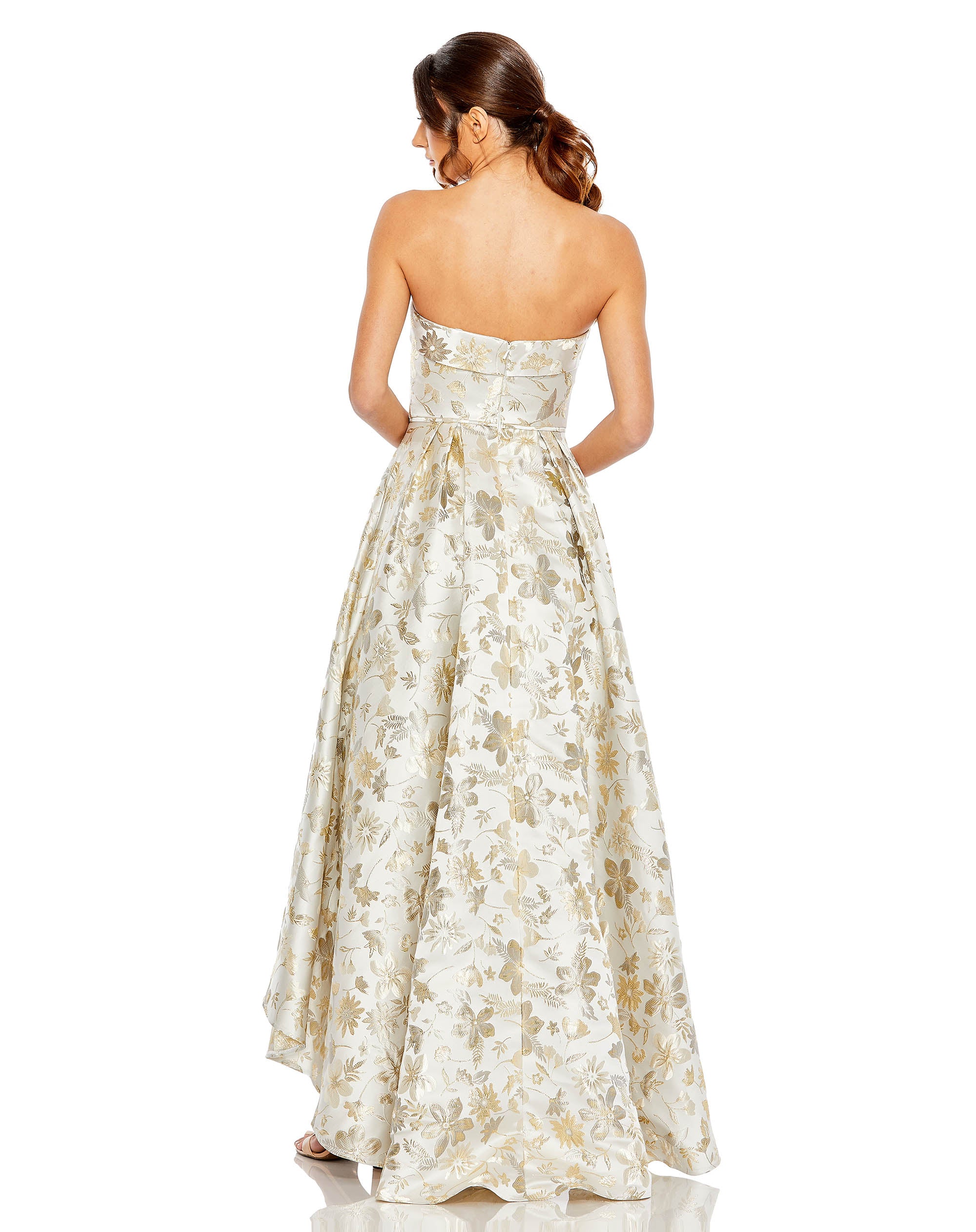 Brocade Strapless Golden Floral High Low Gown