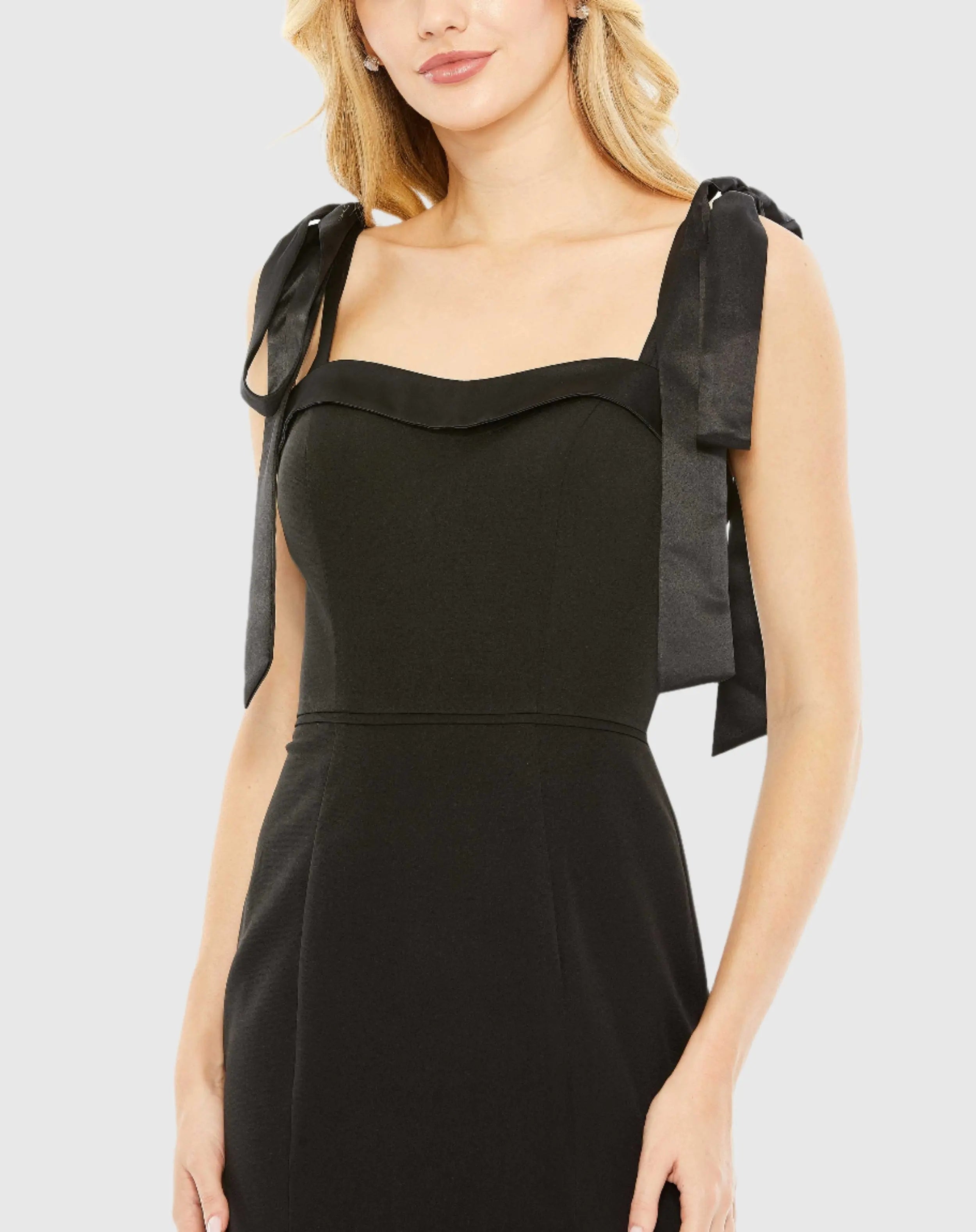 Black Square Neck Tie Strap Slit Gown - Ieena for Mac Duggal