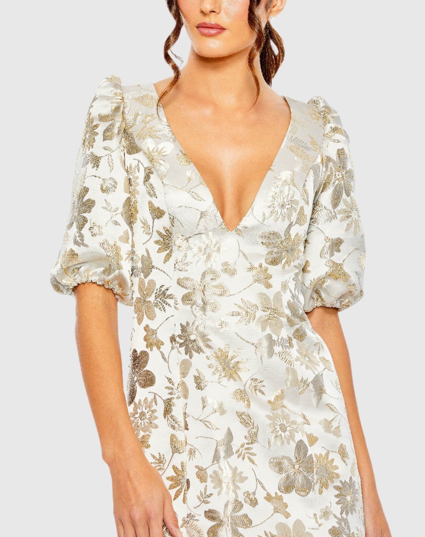 Puff Sleeve Deep V Neck Brocade Mini Dress