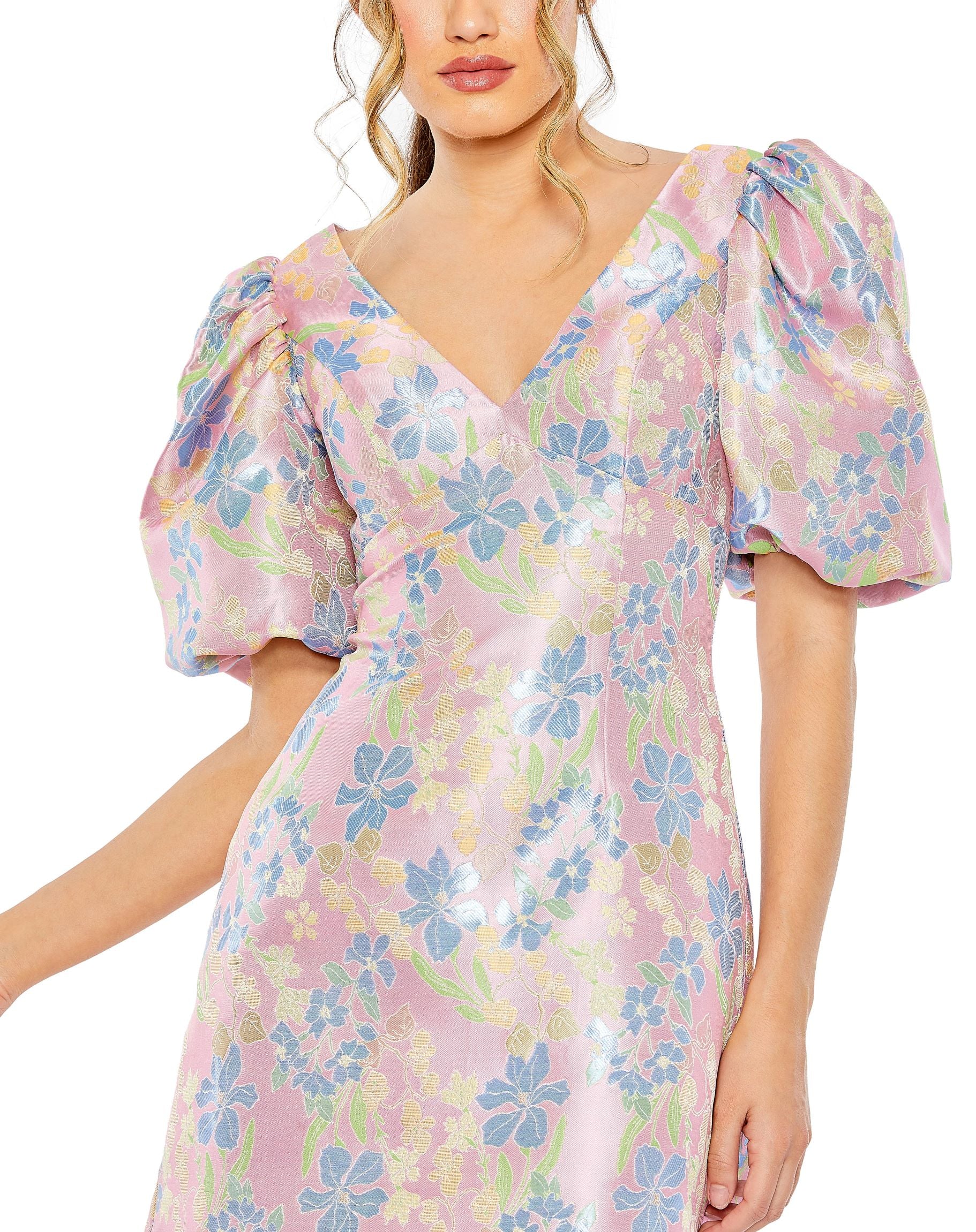 Floral Puff Shoulder Brocade Mini Dress