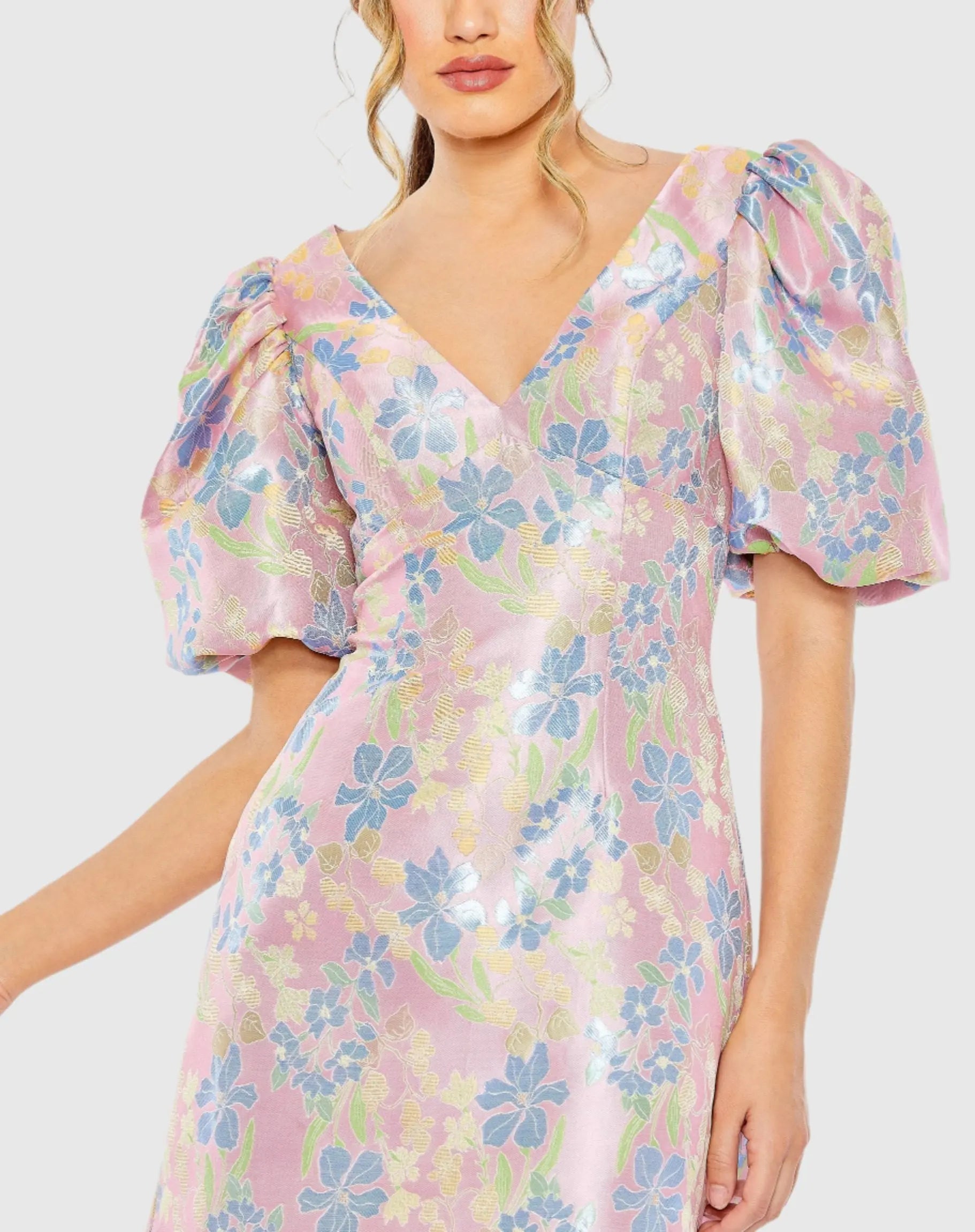 Pink Floral Puff Shoulder Brocade Mini Dress - Mac Duggal