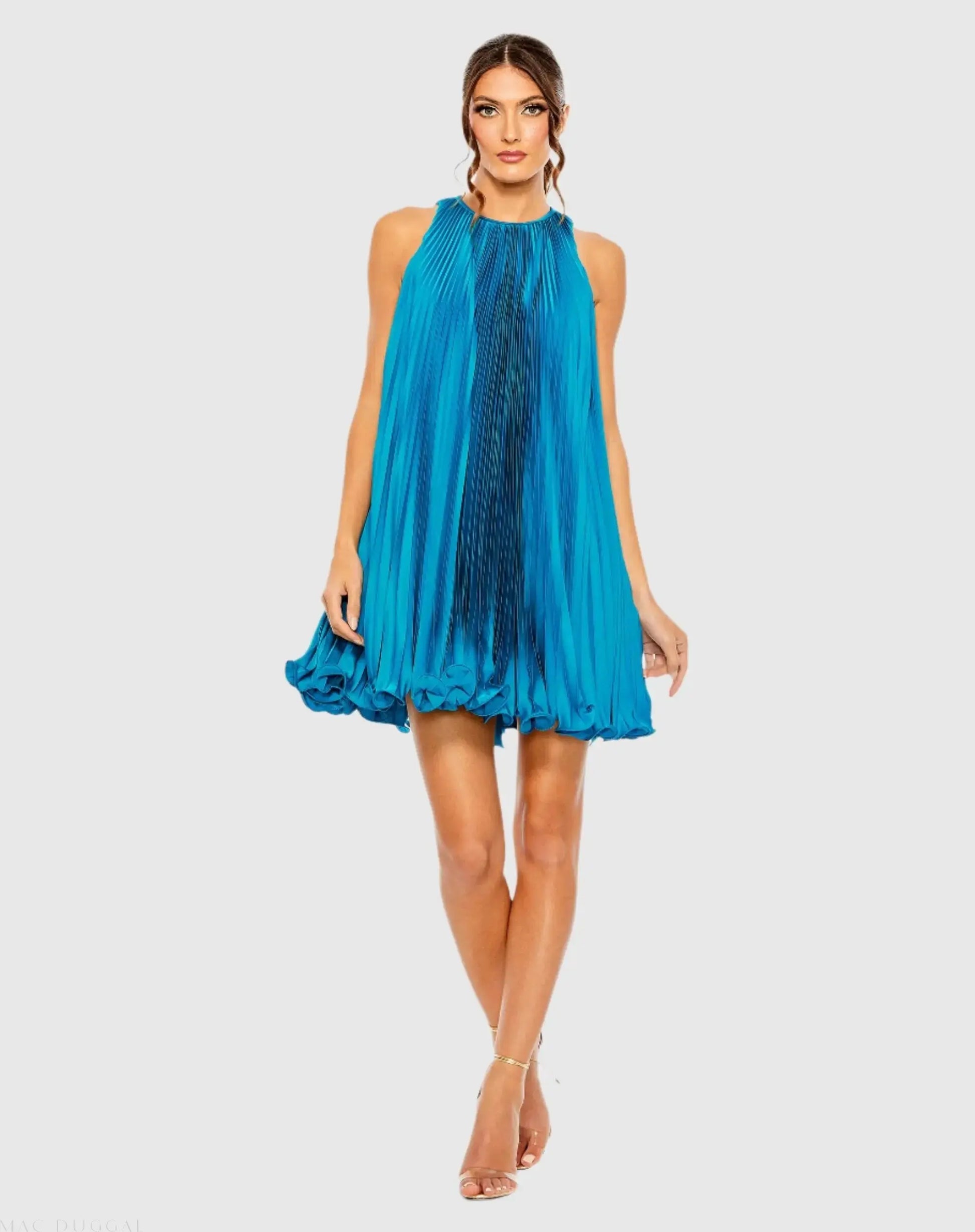 mac duggal pleated halter flowy trapeze mini dress Pleated Halter Neck Flowy Mini Trapeze Dress