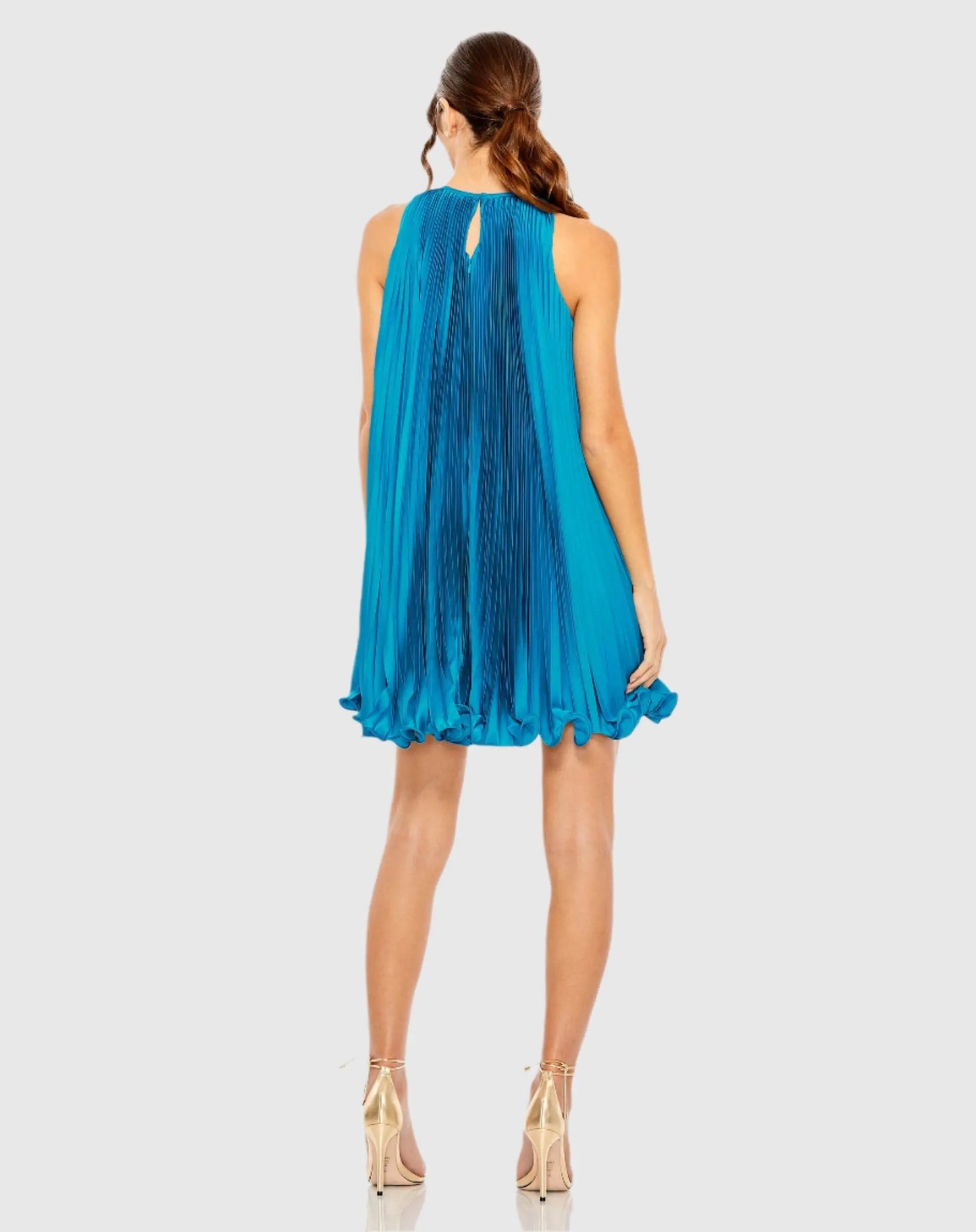 Blue Pleated Halter Neck Flowy Mini Trapeze Dress - Mac Duggal
