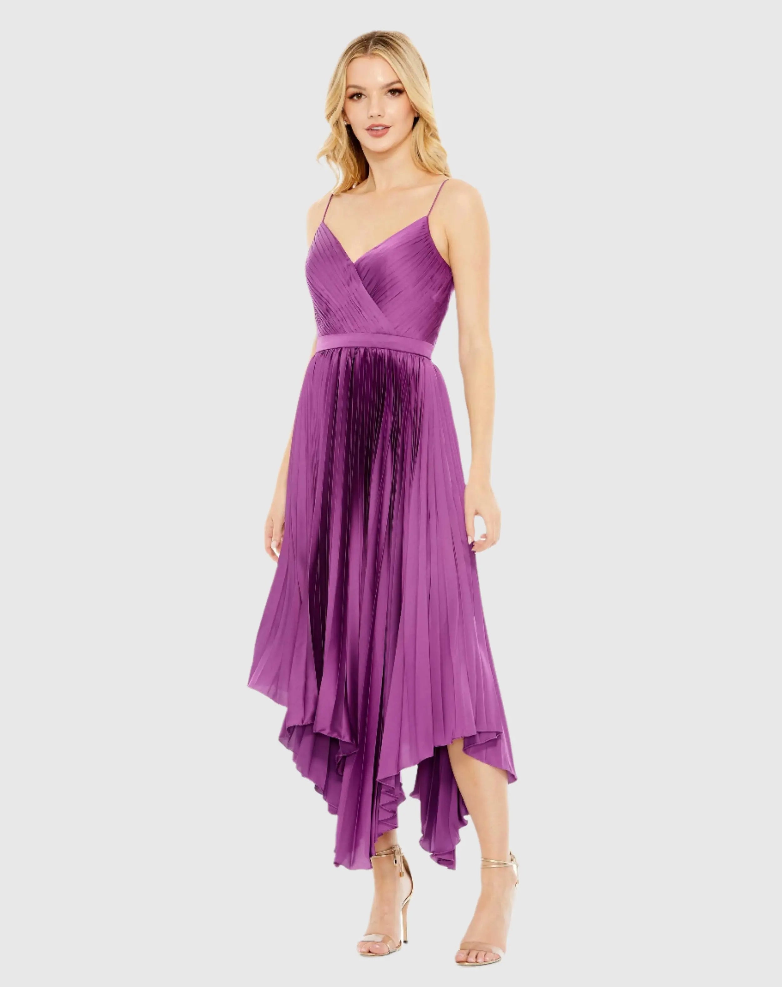 Purple Pleated Satin Flowy Midi Dress - Ieena for Mac Duggal
