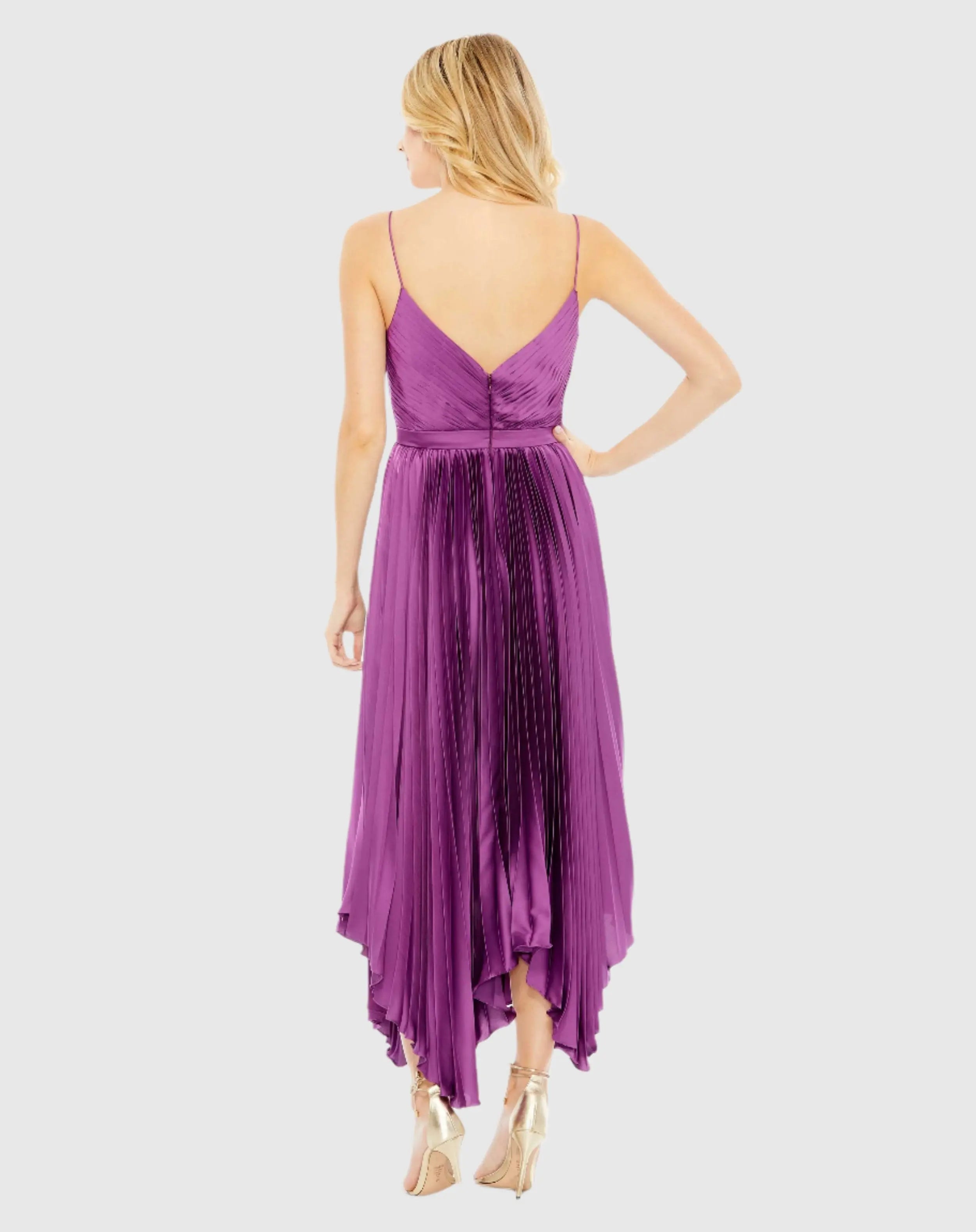 Purple Pleated Satin Flowy Midi Dress - Ieena for Mac Duggal