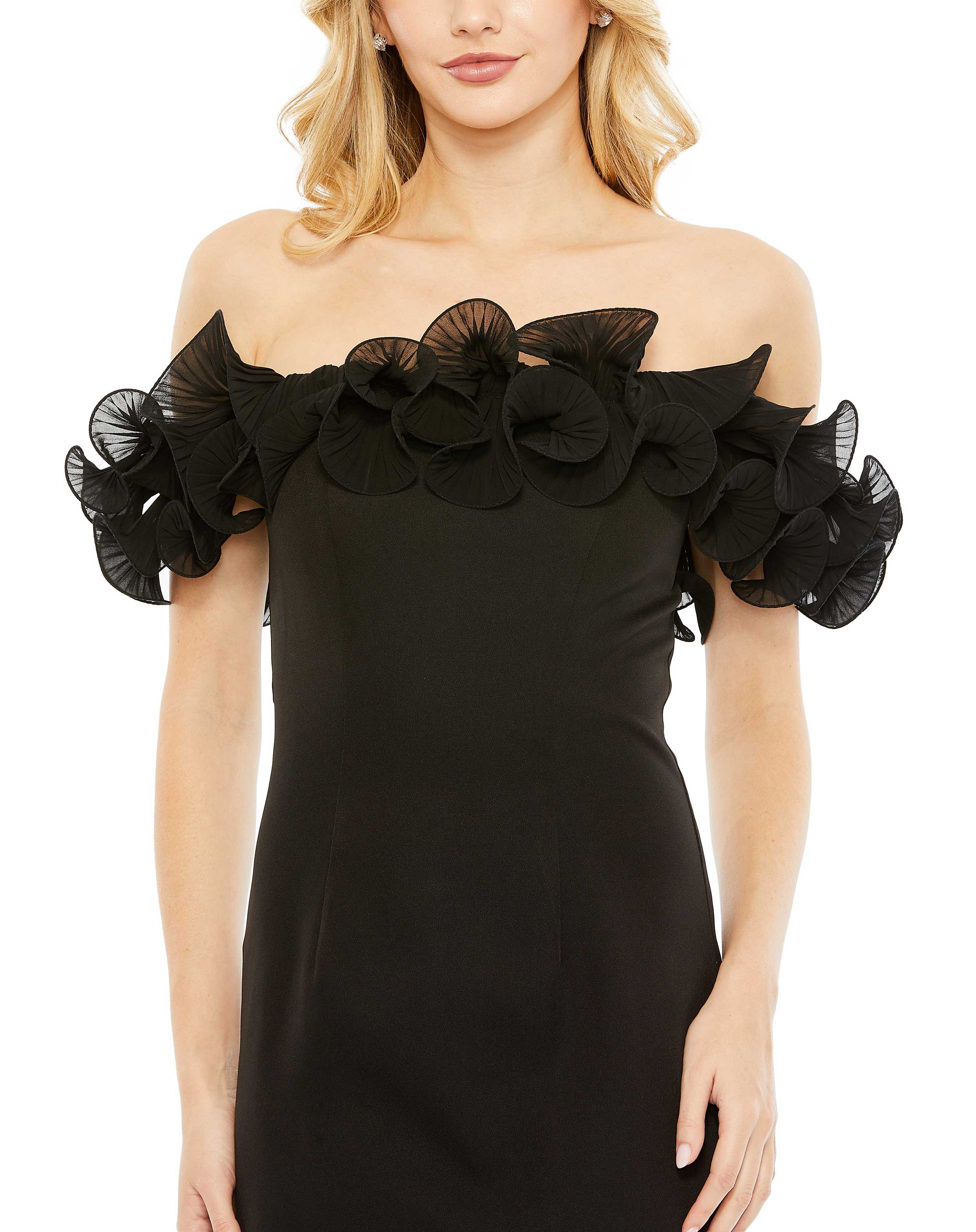 Off the Shoulder Ruffle Detail Column Gown