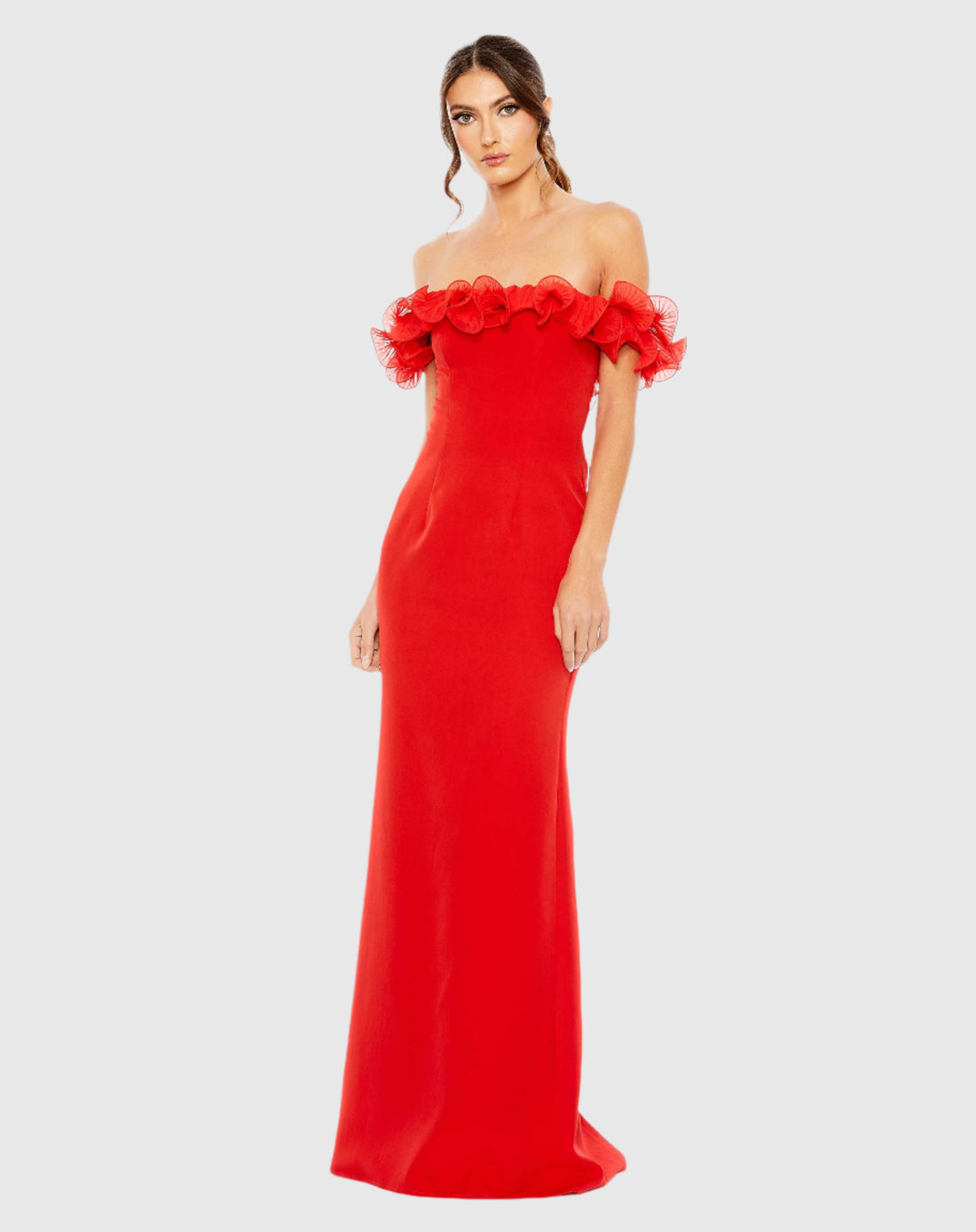 Off the Shoulder Ruffle Detail Column Gown