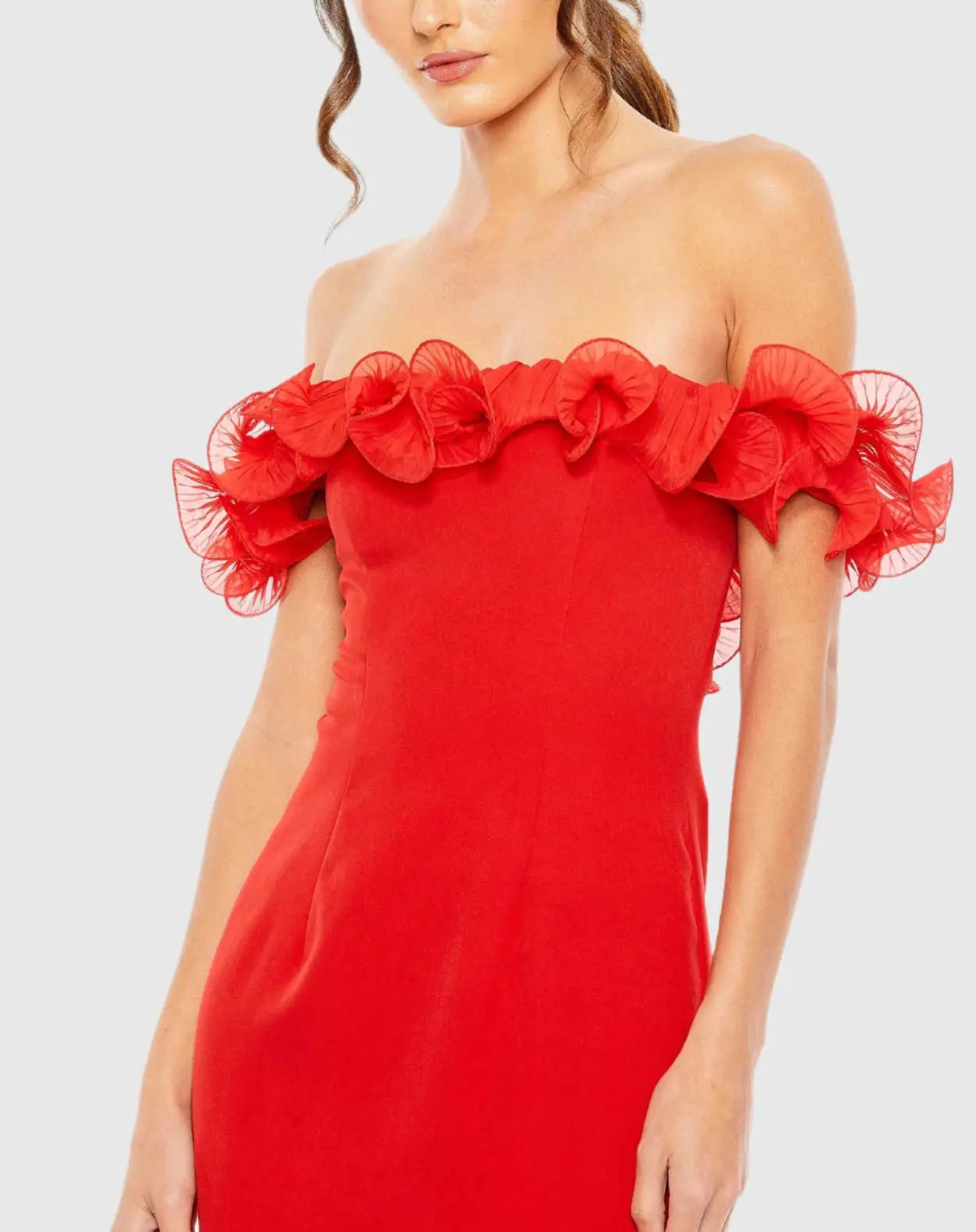 Red Off the Shoulder Ruffle Detail Column Gown - Mac Duggal