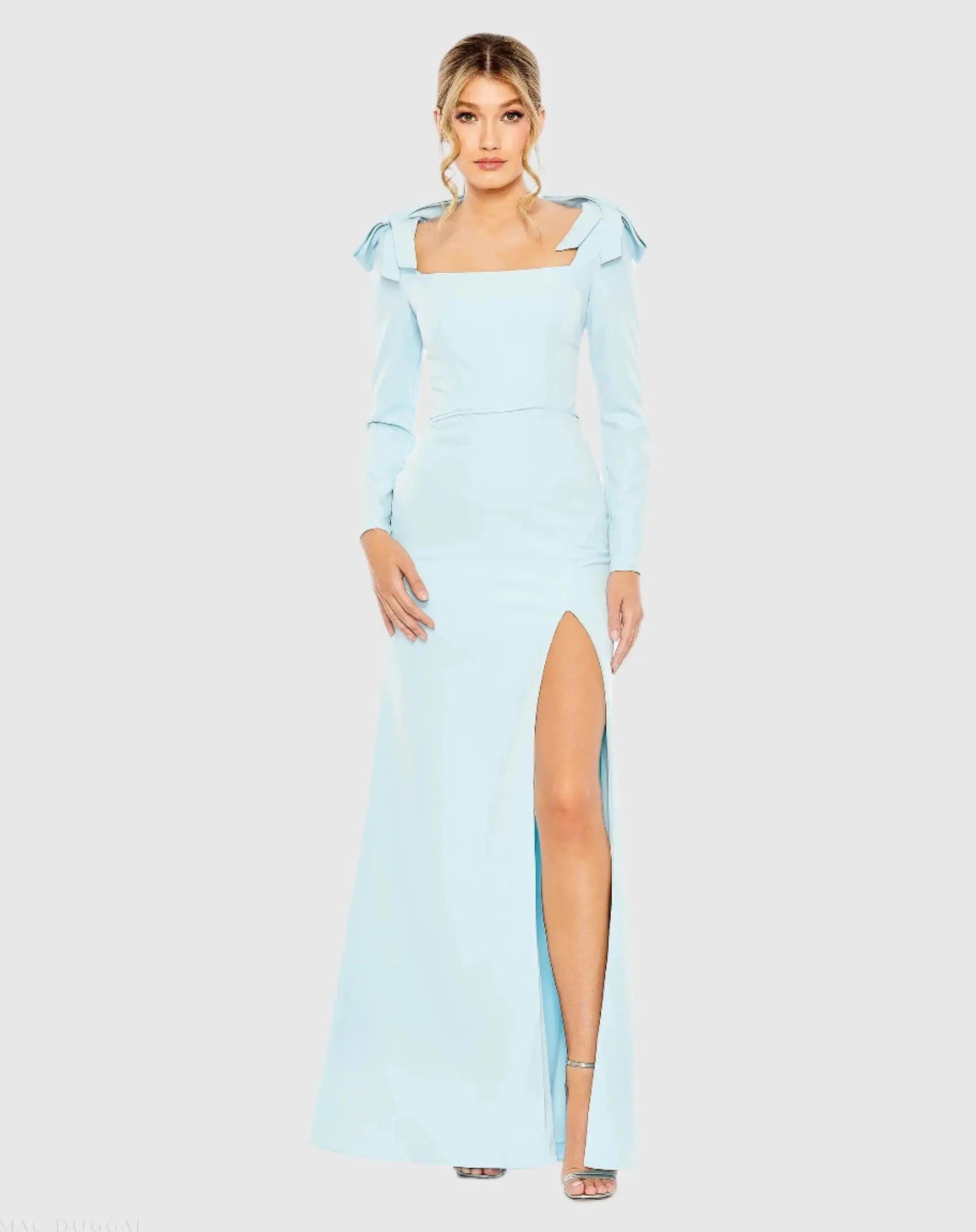 Empire Waist Long Sleeve Bow Shoulder Gown - Mac Duggal Empire Waist Long Sleeve Bow Shoulder Gown - Mac Duggal