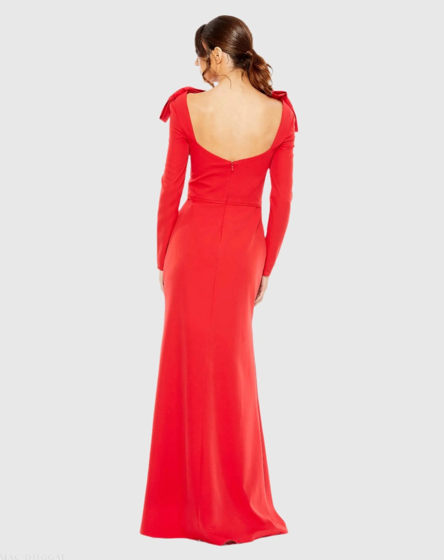 Red Empire Waist Long Sleeve Bow Shoulder Gown - Ieena for Mac Duggal