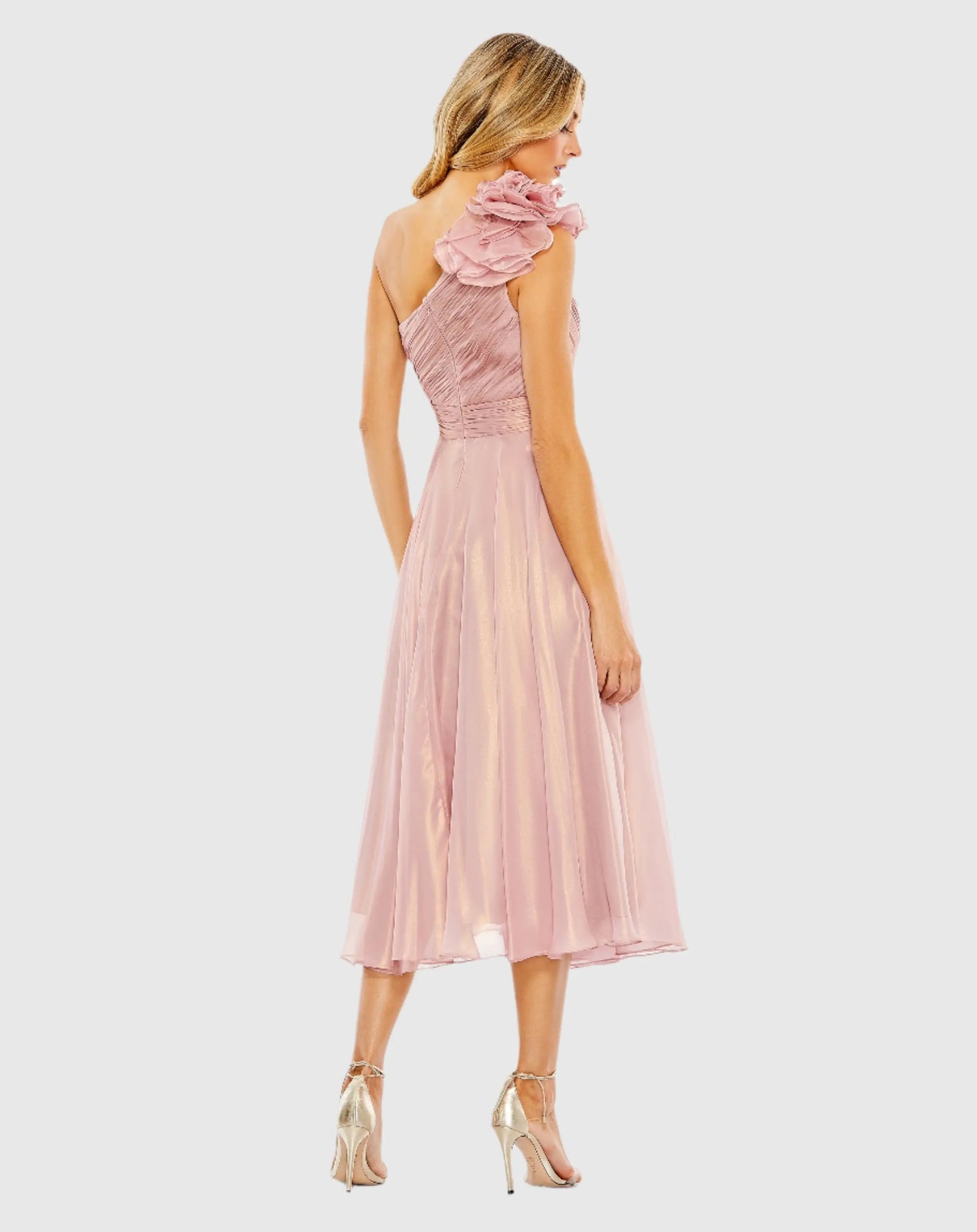 Pink Rosette One Shoulder Tea Length Dress - Mac Duggal