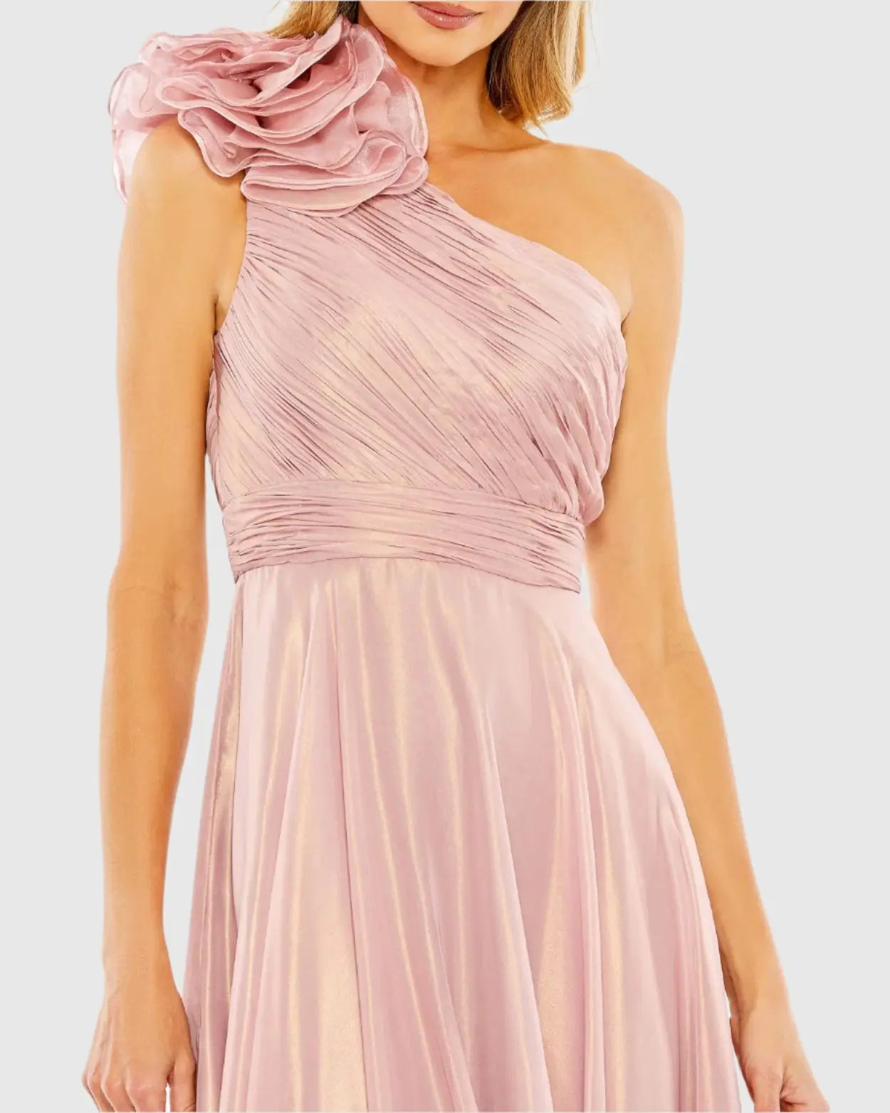 Pink Rosette One Shoulder Tea Length Dress - Mac Duggal