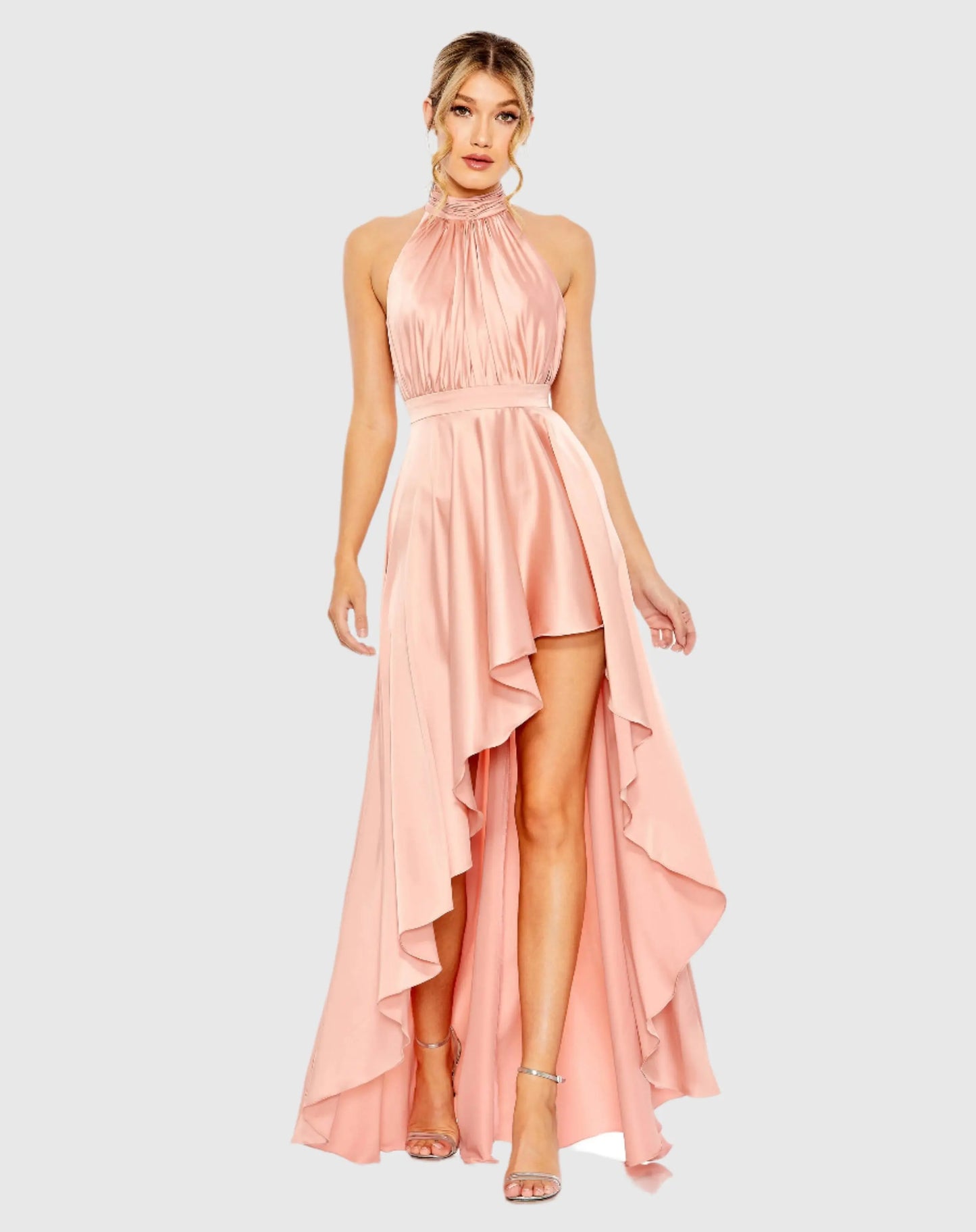 Pink High Neck Satin High Low Gown - Ieena for Mac Duggal